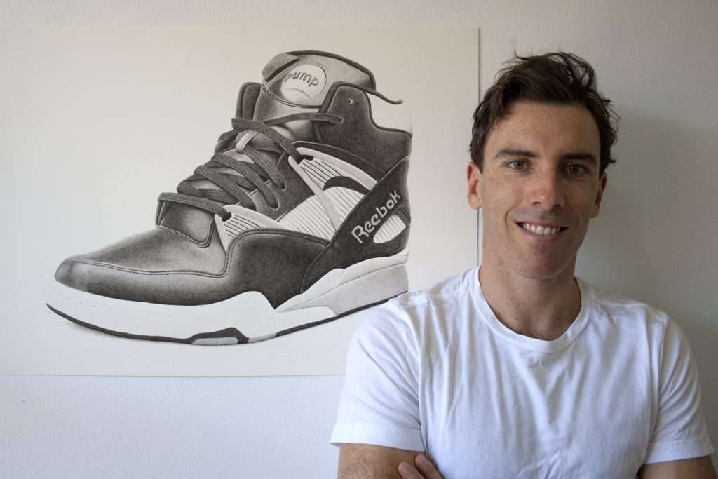 Artist Dean Spinks with Reebok Pump drawing