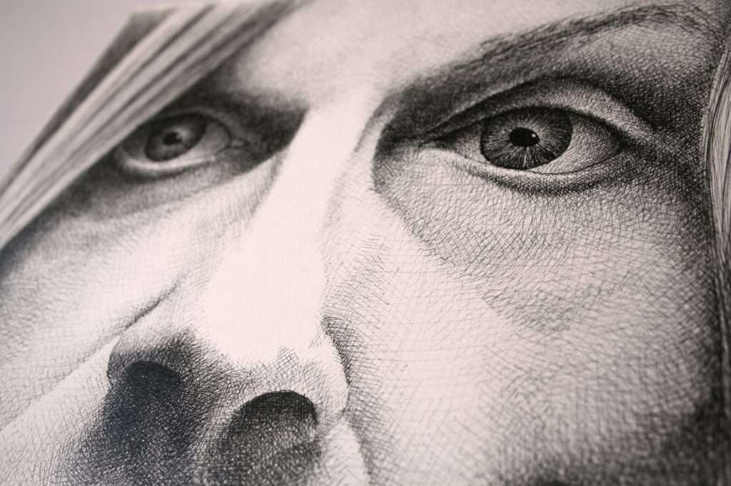 Macro shot of Iggy Pop drawing showing crosshatching