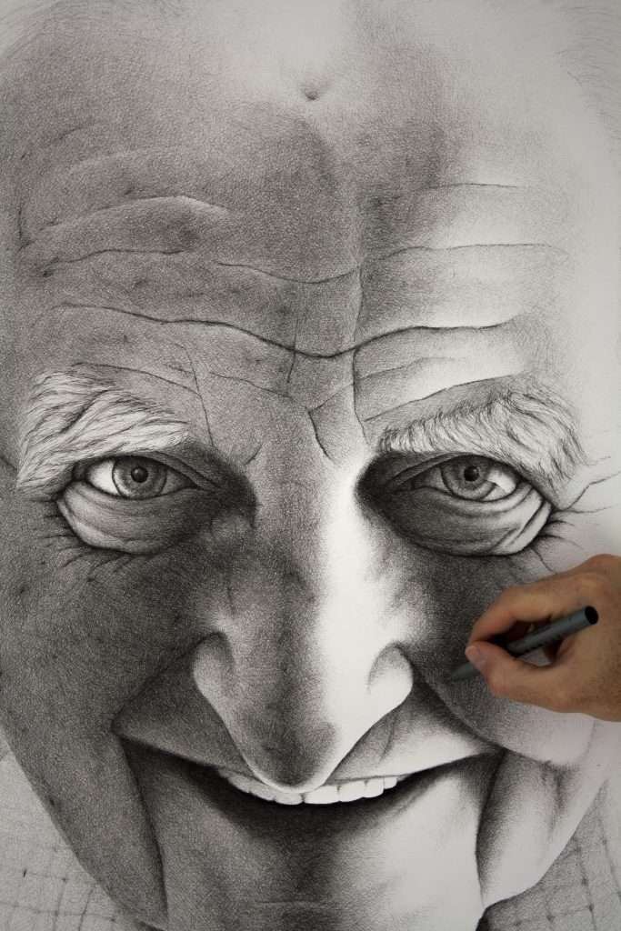 Detail shot of crosshatching technique on Ted Cary portrait