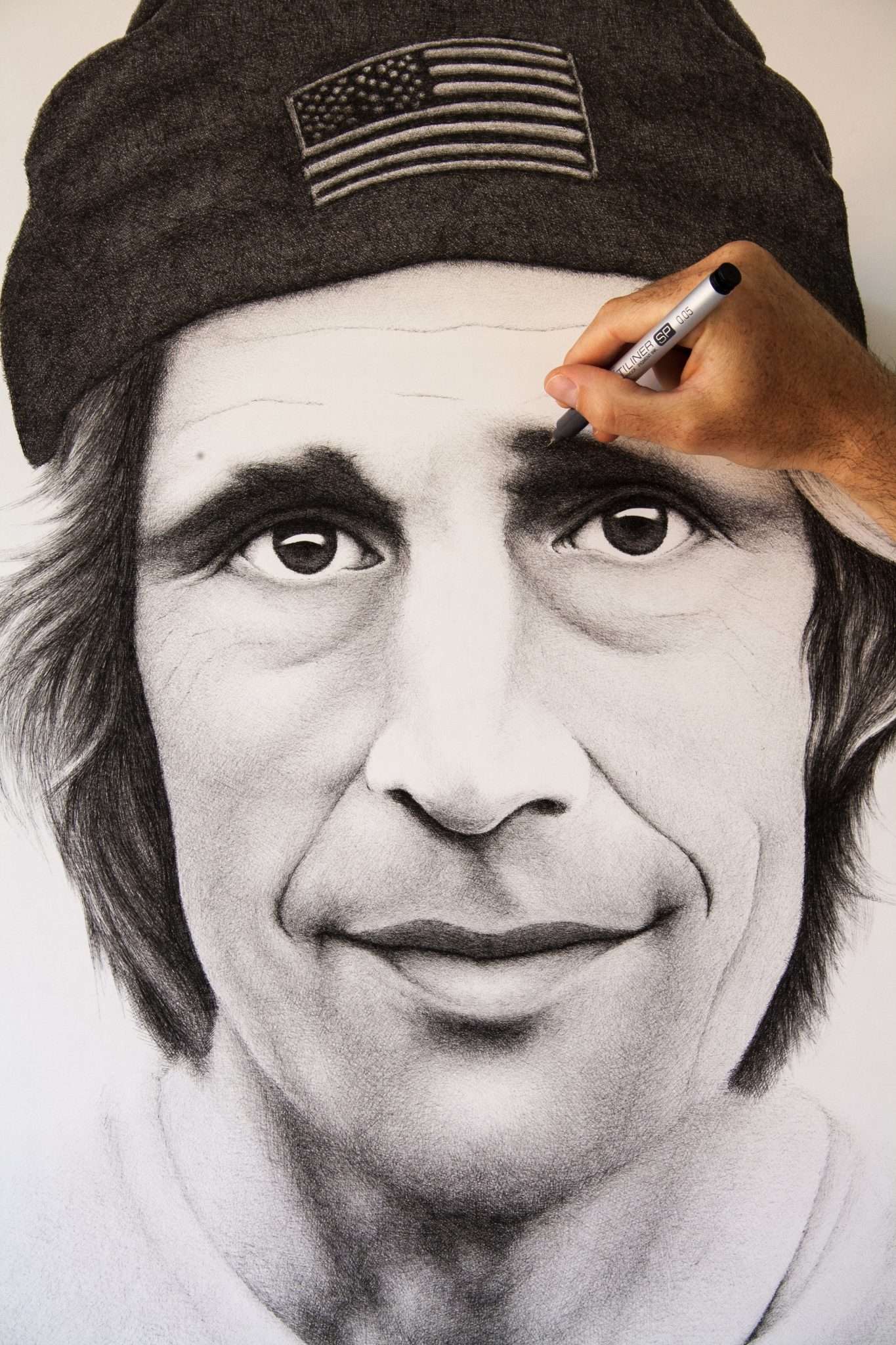 Crosshatching drawing of skateboarder Rodney Mullen