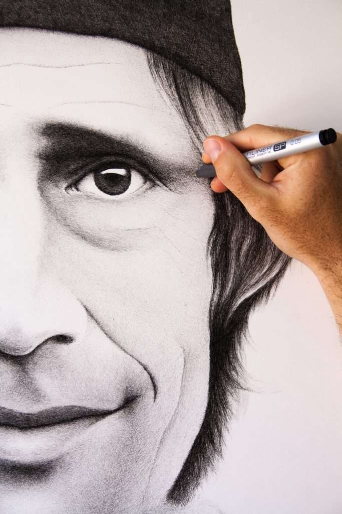 Crosshatching drawing of skateboarder Rodney Mullen