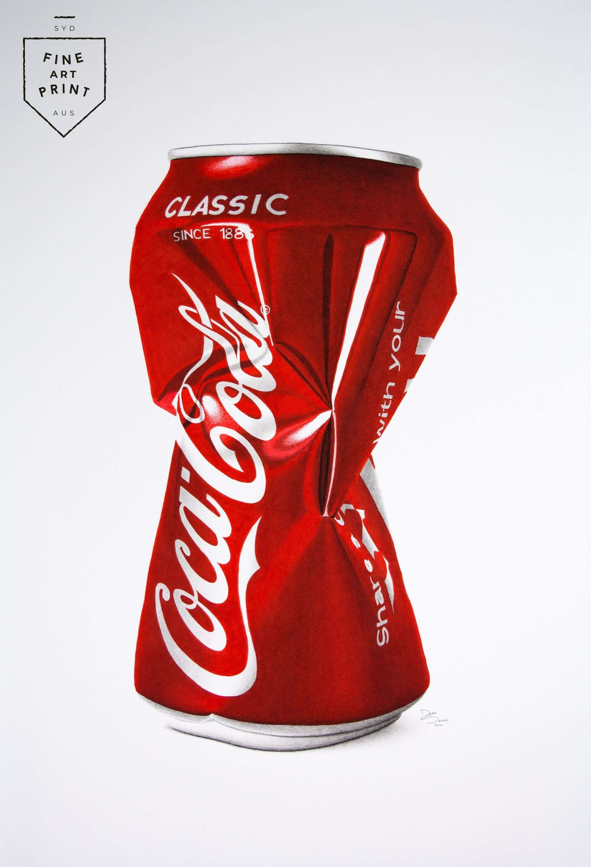 Crushed Coca-Cola red can artwork print by Dean Spinks in photorealistic pop art style