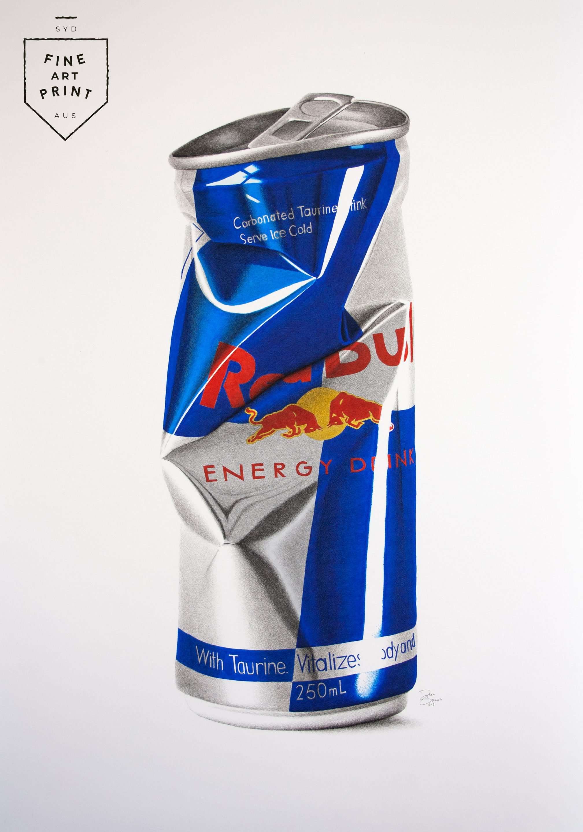 Crushed Red Bull silver and blue can artwork print by Dean Spinks in photorealistic style