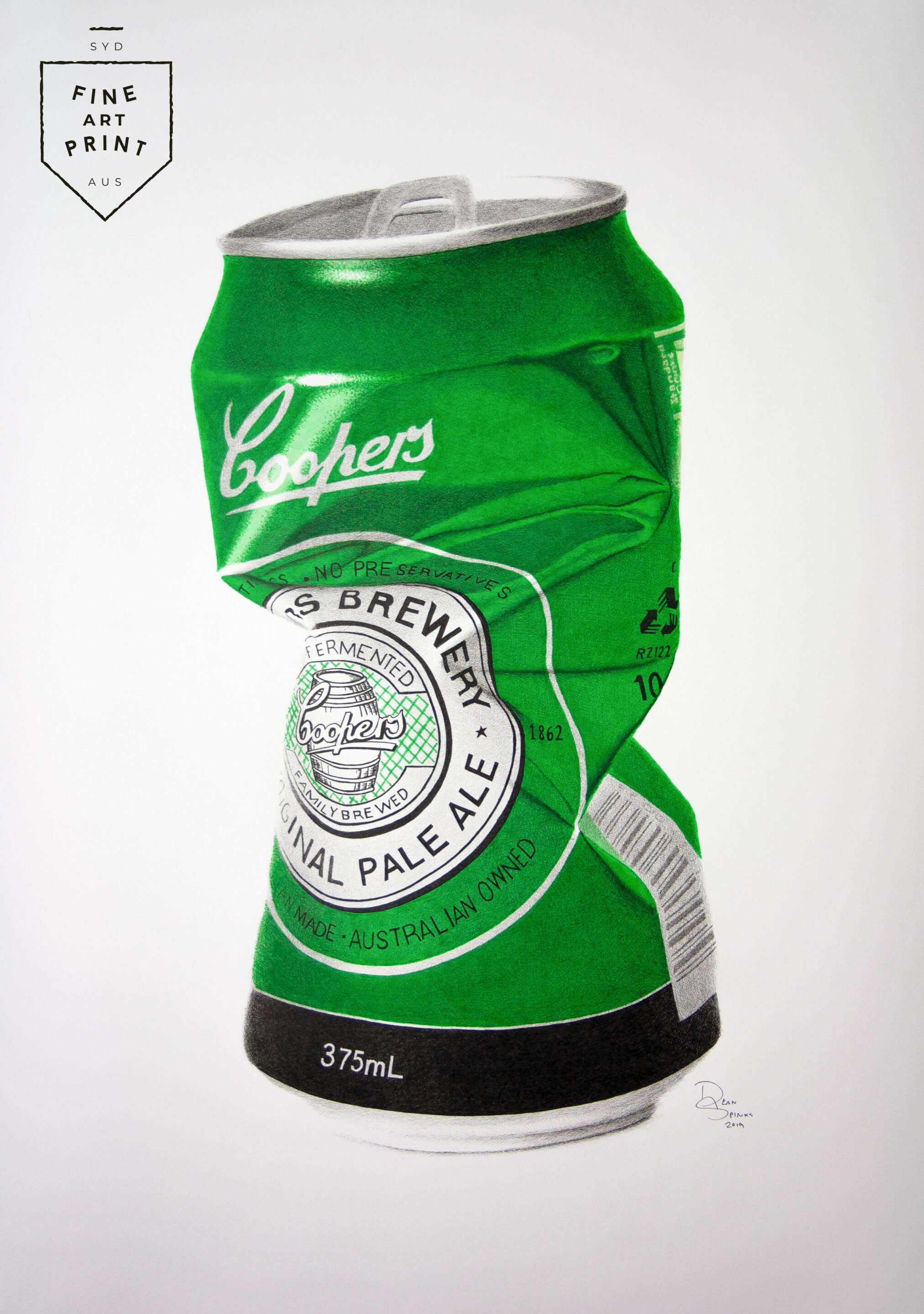 Photorealistic art print of crushed Coopers Pale Ale beer can by Dean Spinks