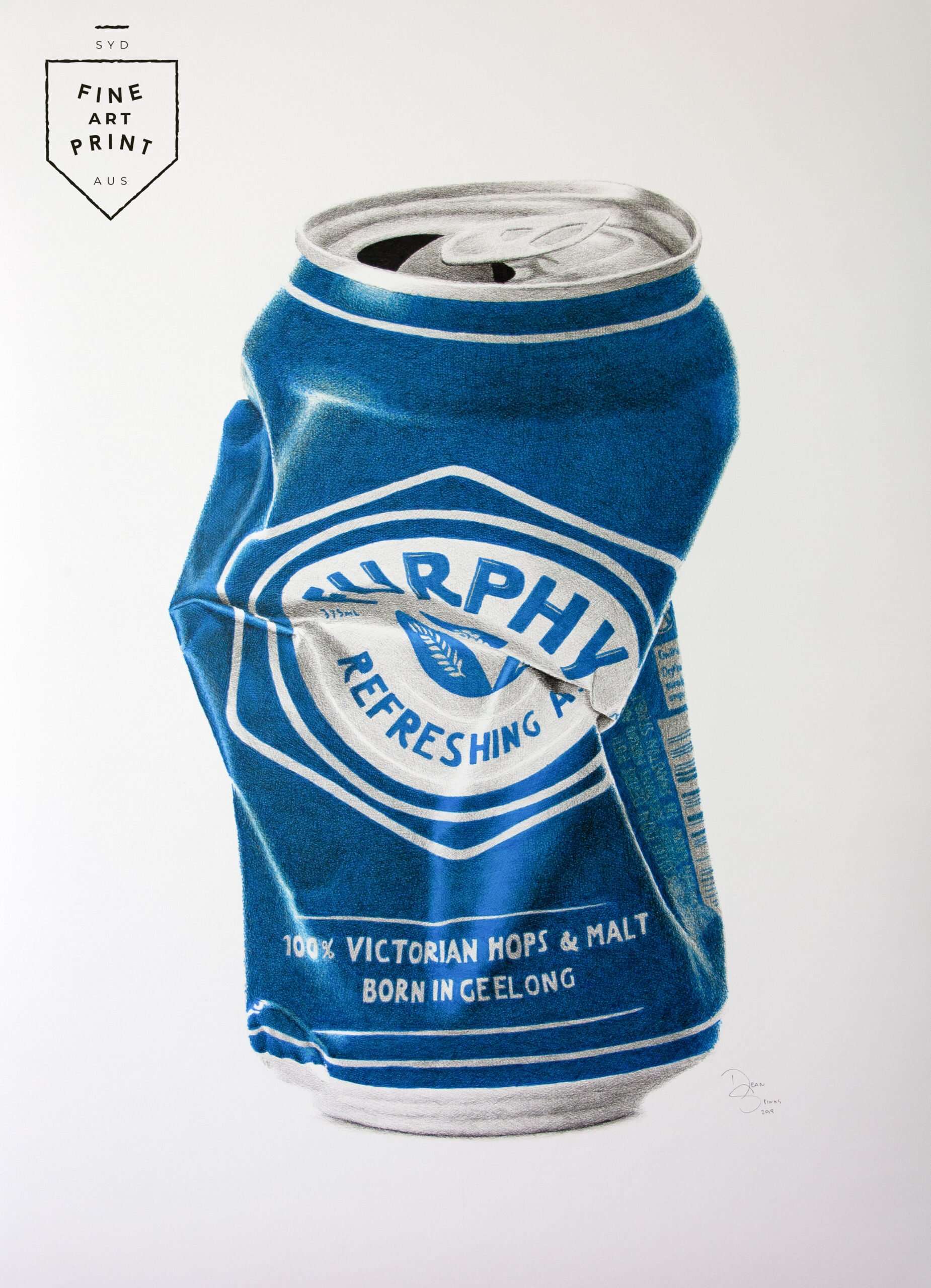 Photorealistic art print of crushed Furphy beer can by Dean Spinks