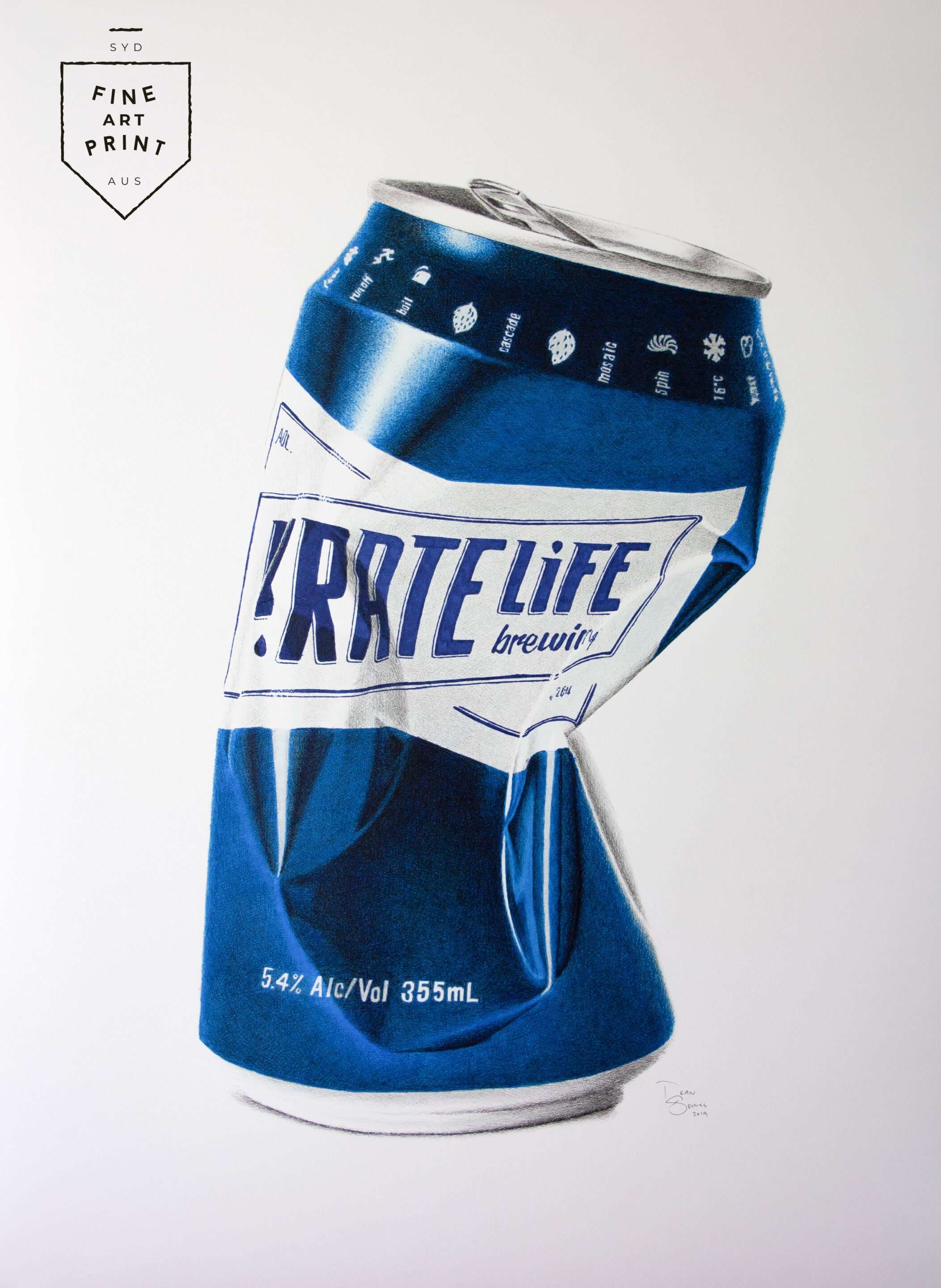 Photorealistic art print of crushed Pirate Life beer can by Dean Spinks