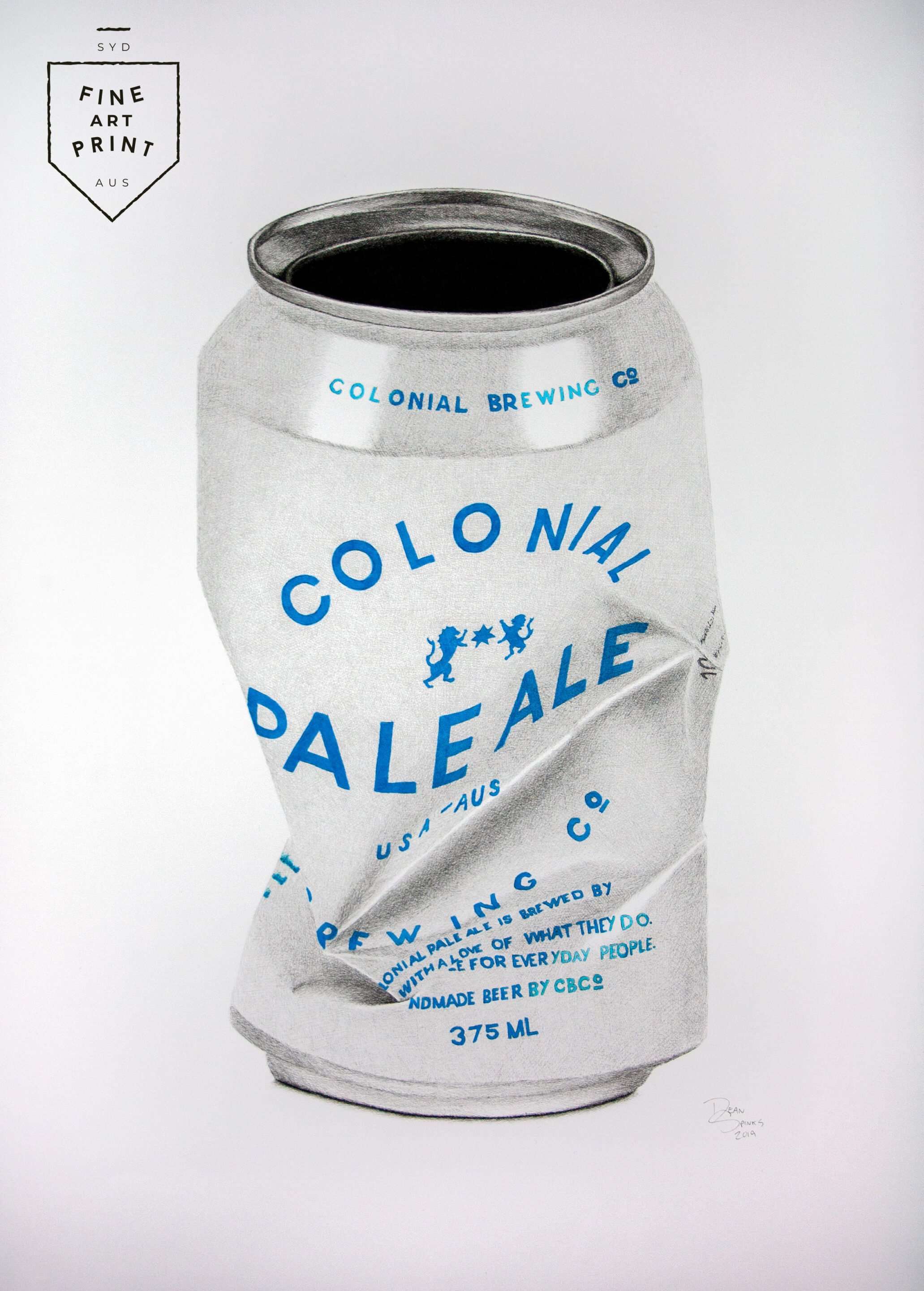 Photorealistic art print of crushed Colonial Brewing Co. Pale Ale beer can by Dean Spinks