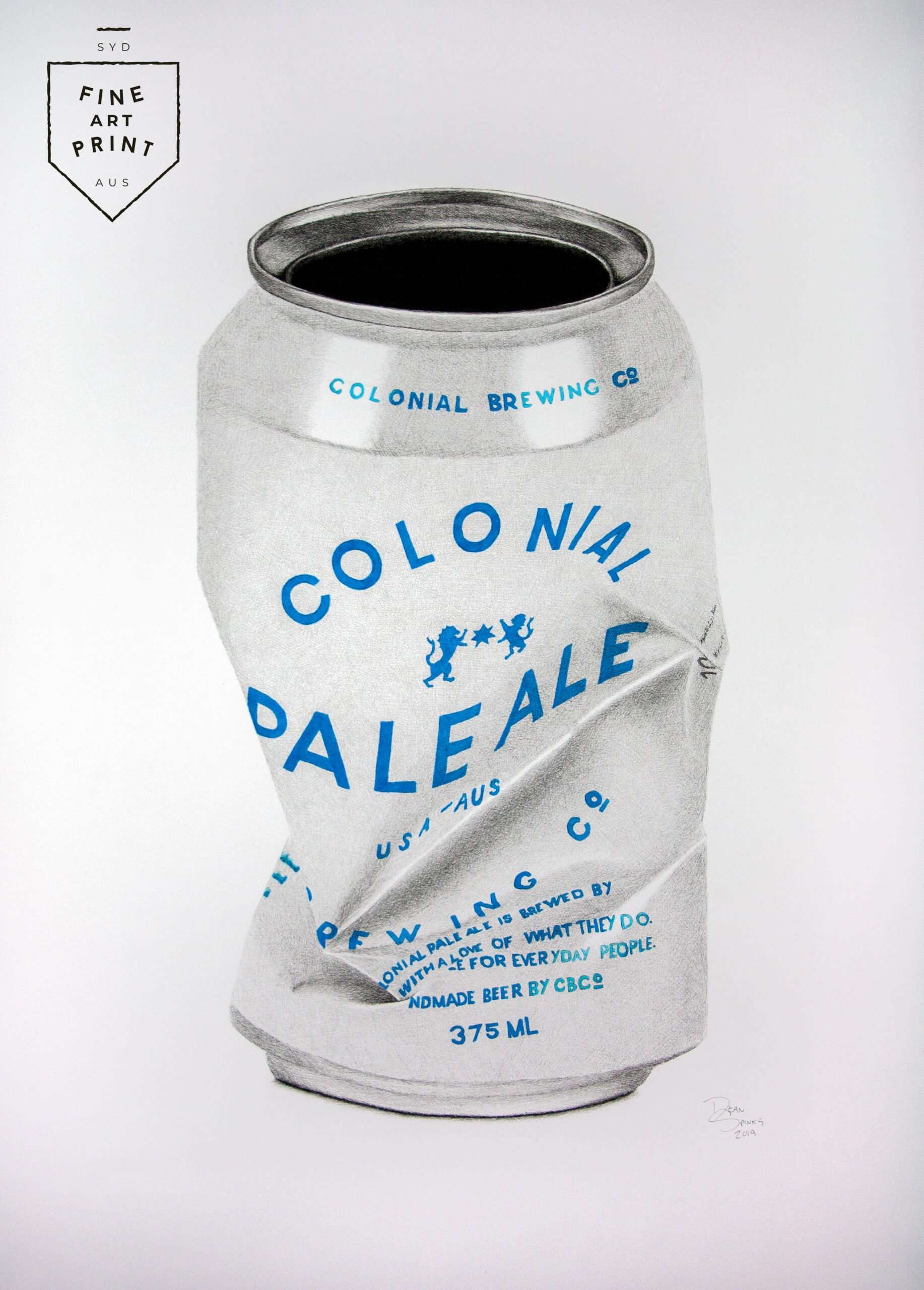 Photorealistic art print of crushed Colonial Brewing Co. Pale Ale beer can by Dean Spinks