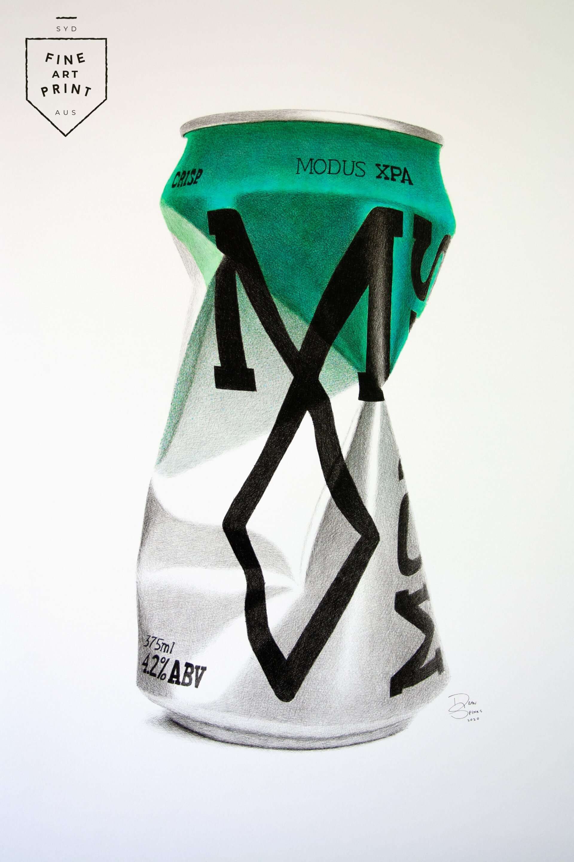 Crushed Modus XPA beer can artwork print by Dean Spinks in photorealistic style