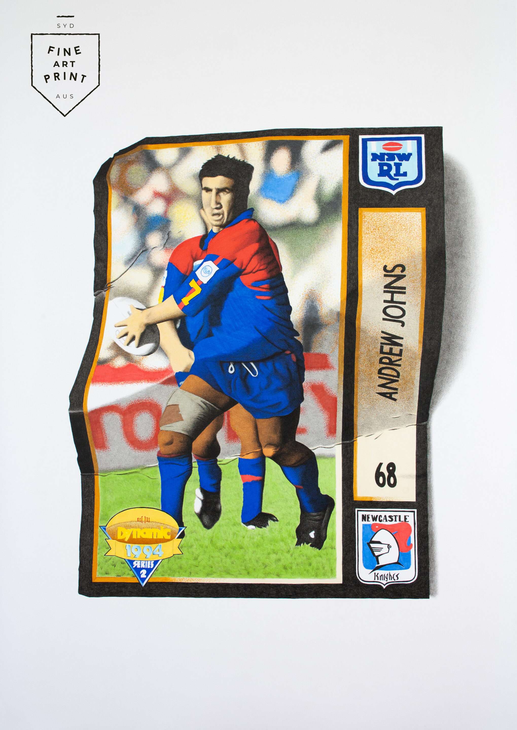 Photorealistic art print of Andrew Johns 1994 Newcastle Knights footy card by Dean Spinks