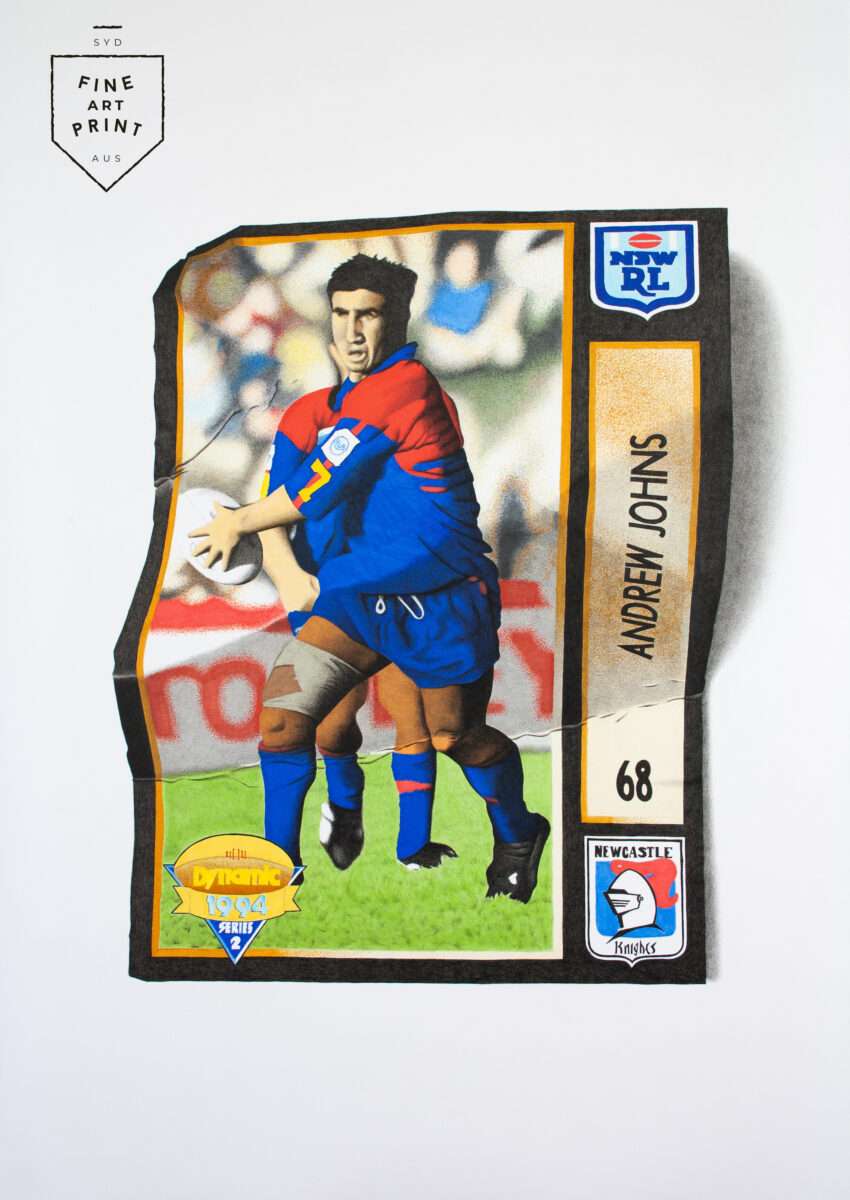Photorealistic art print of Andrew Johns 1994 Newcastle Knights footy card by Dean Spinks