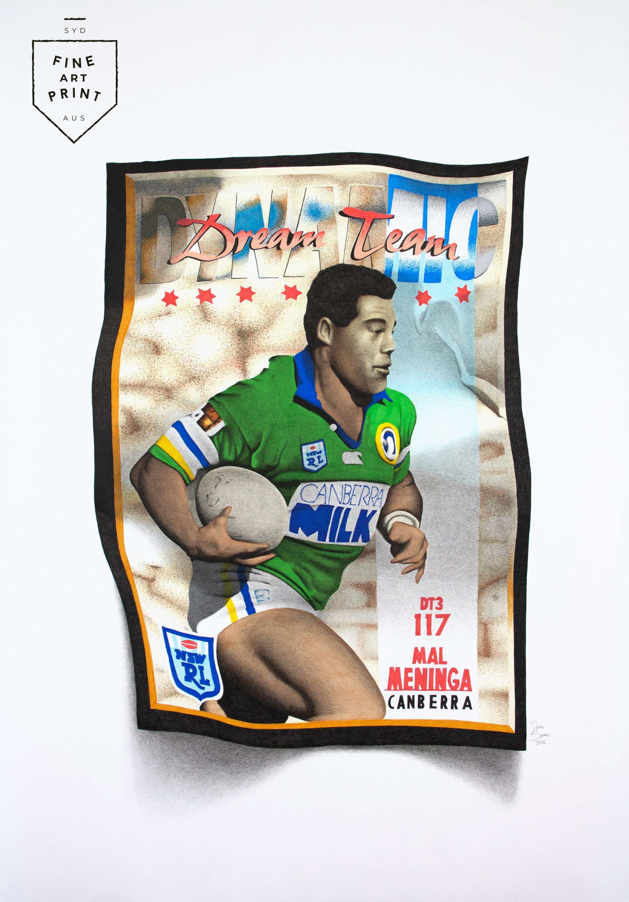 Photorealistic art print of Mal Meninga 1994 Canberra Raiders MILK jersey footy card by Dean Spinks