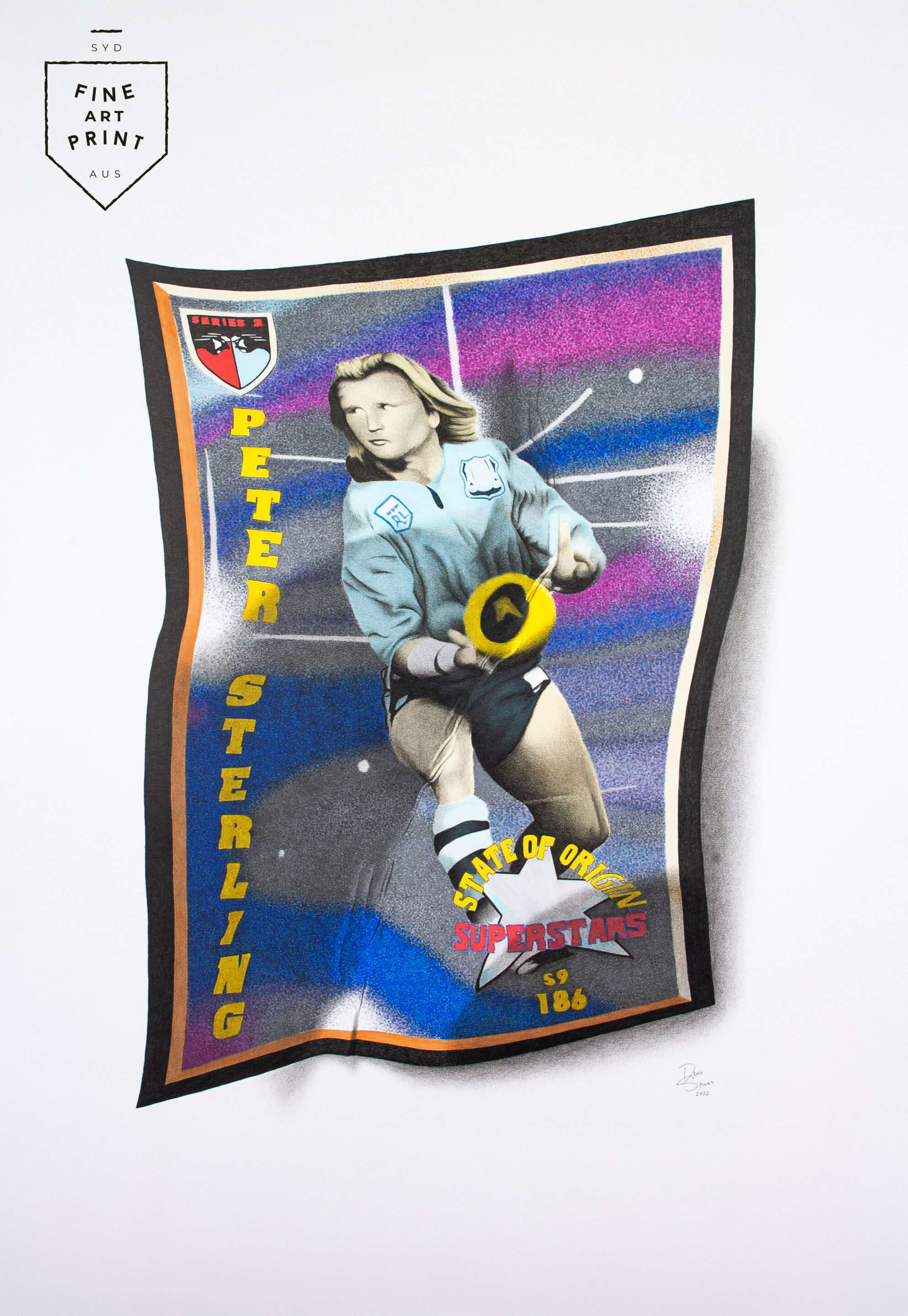 Photorealistic art print of Peter Sterling 1994 State of Origin footy card – Parramatta Eels & NSW Blues by Dean Spinks