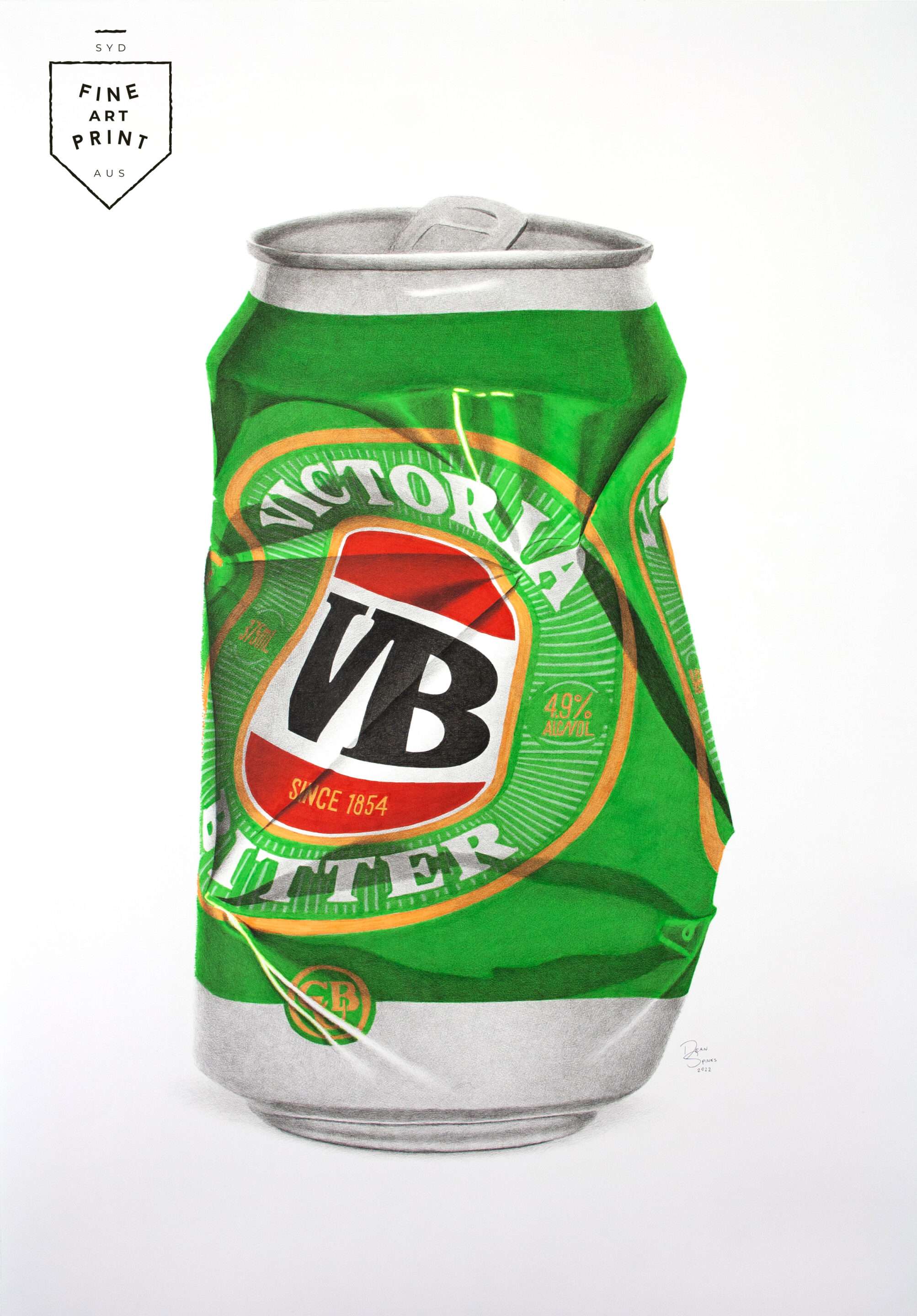 Photorealistic art print of crushed VB Victoria Bitter beer can by Dean Spinks