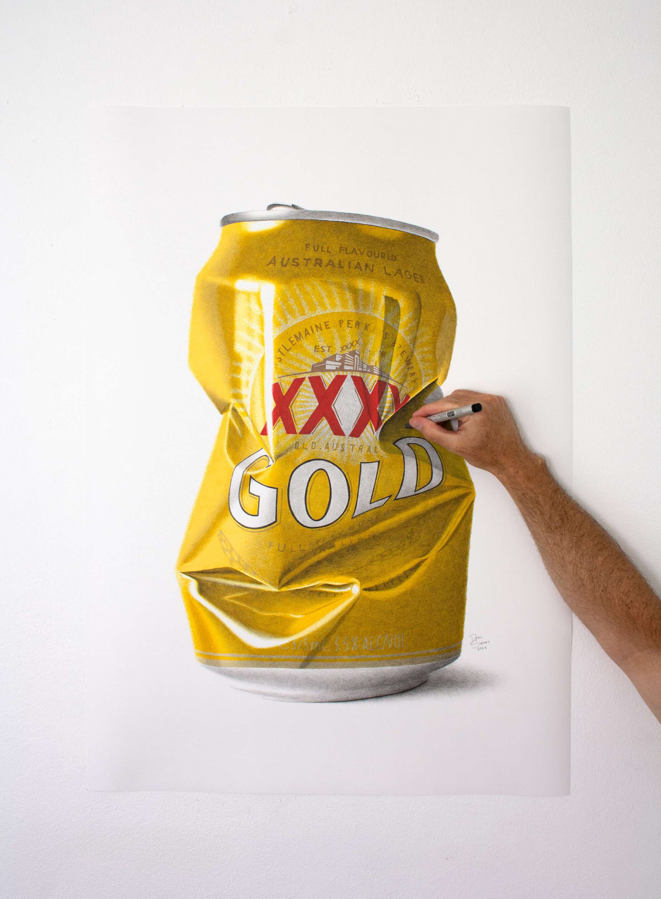 Photorealistic XXXX Gold crushed beer can artwork hand drawn by Dean Spinks