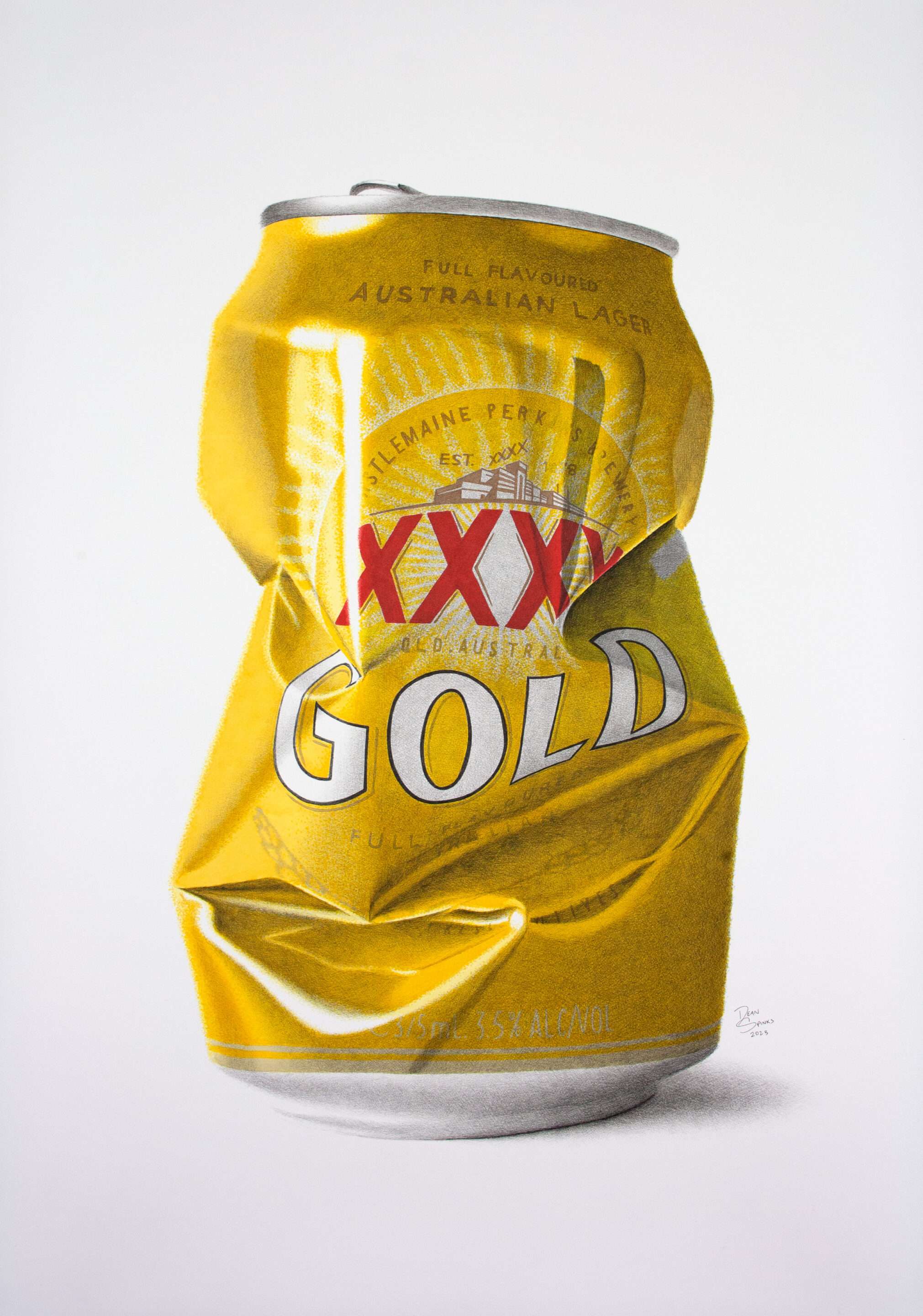 Photorealistic XXXX Gold crushed beer can artwork