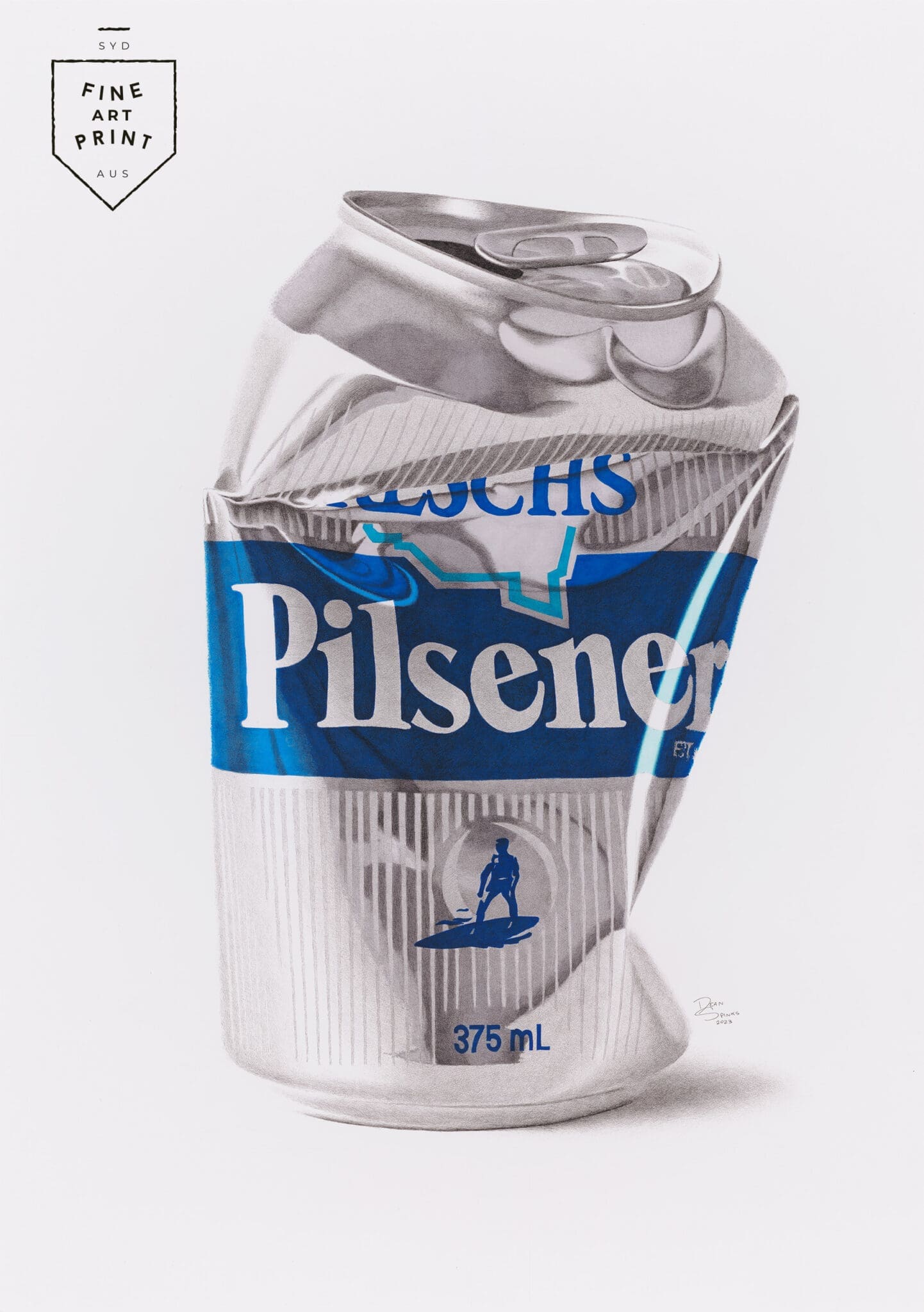 Photorealistic art print of crushed Reschs Pilsener Silver Bullet beer can by Dean Spinks