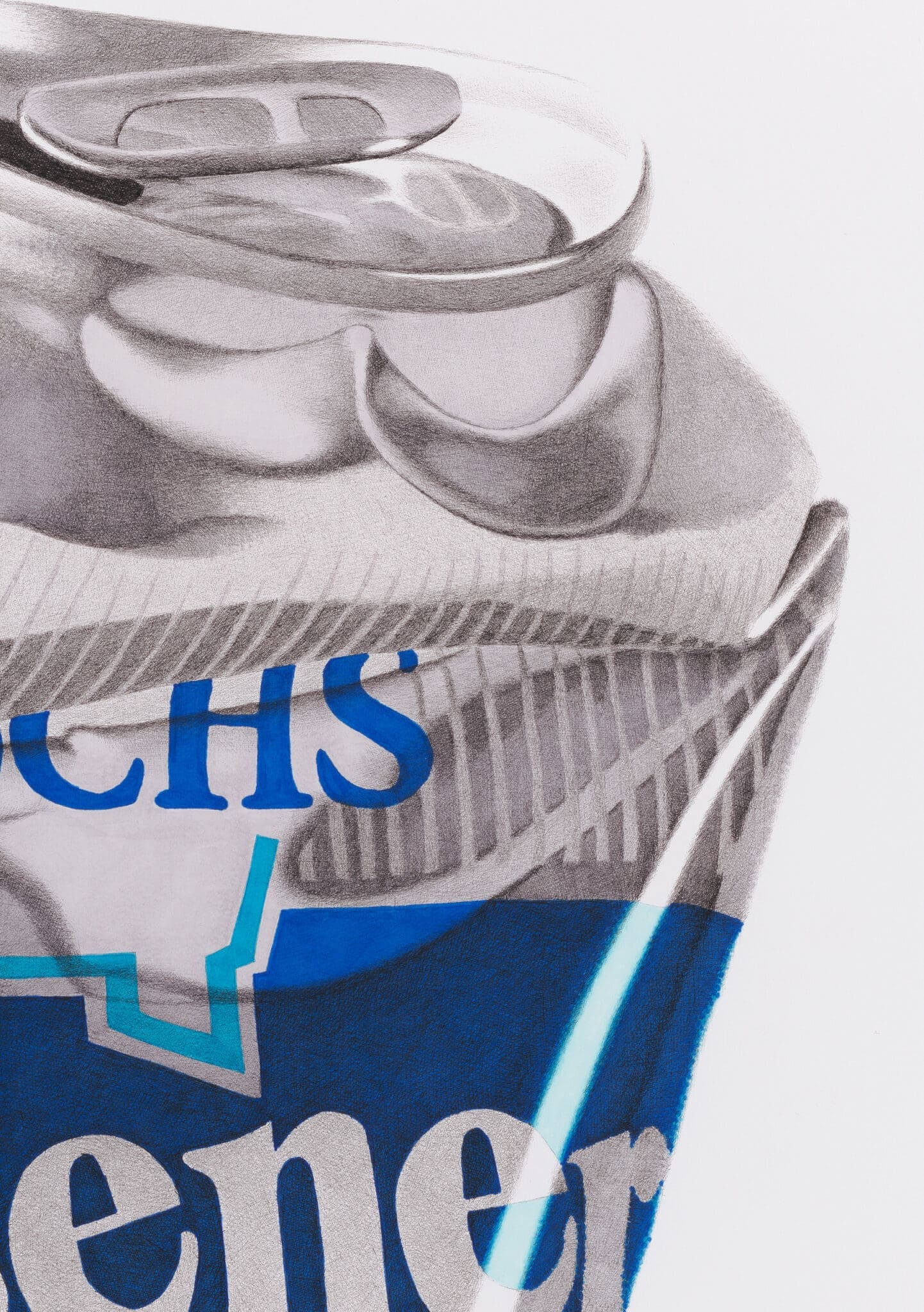 Detail shot of crushed Reschs Pilsener beer can artwork