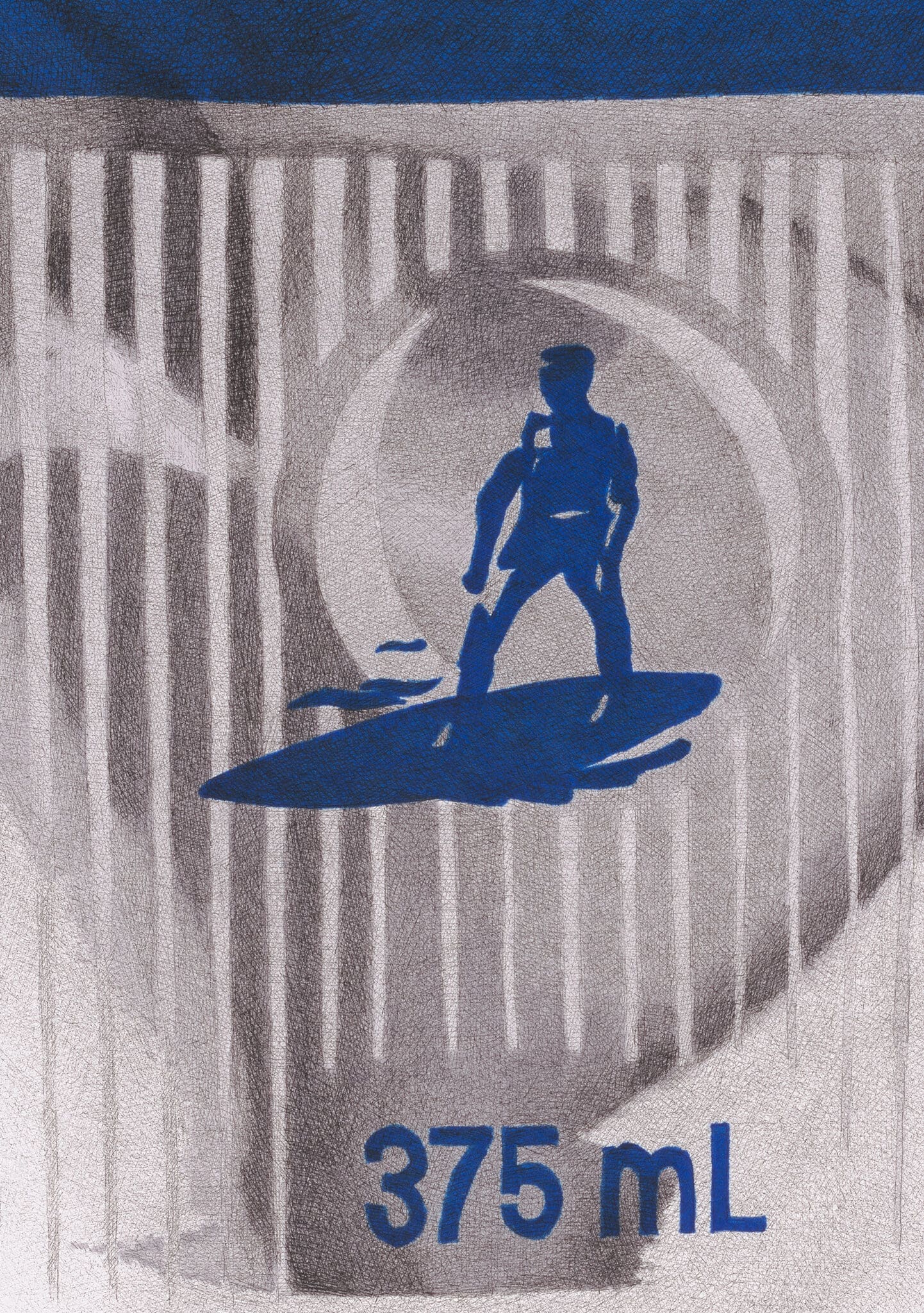 Detail shot of crushed Reschs Pilsener beer can artwork with surfer graphic