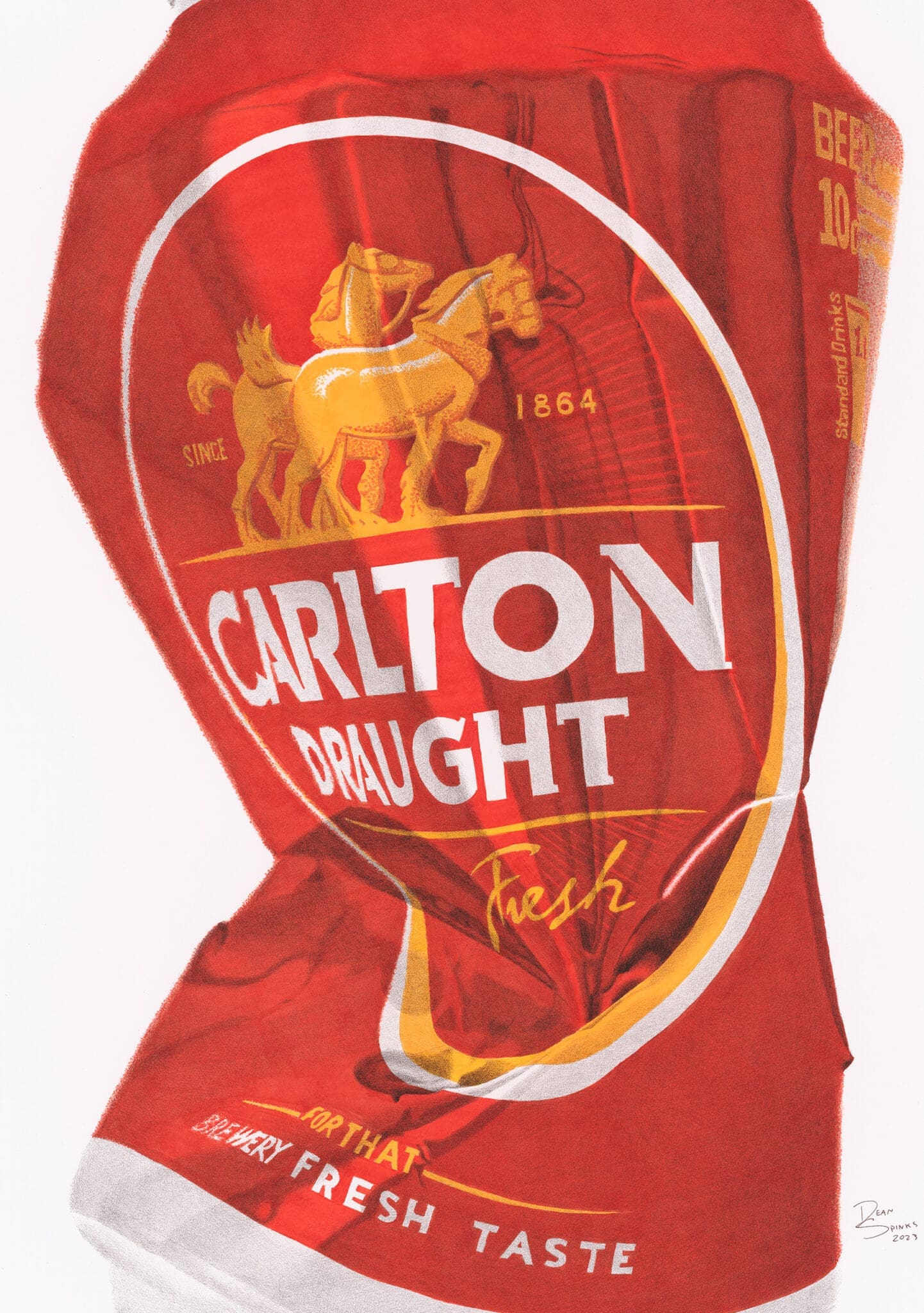 Close up of crushed Carlton Draft beer can artwork