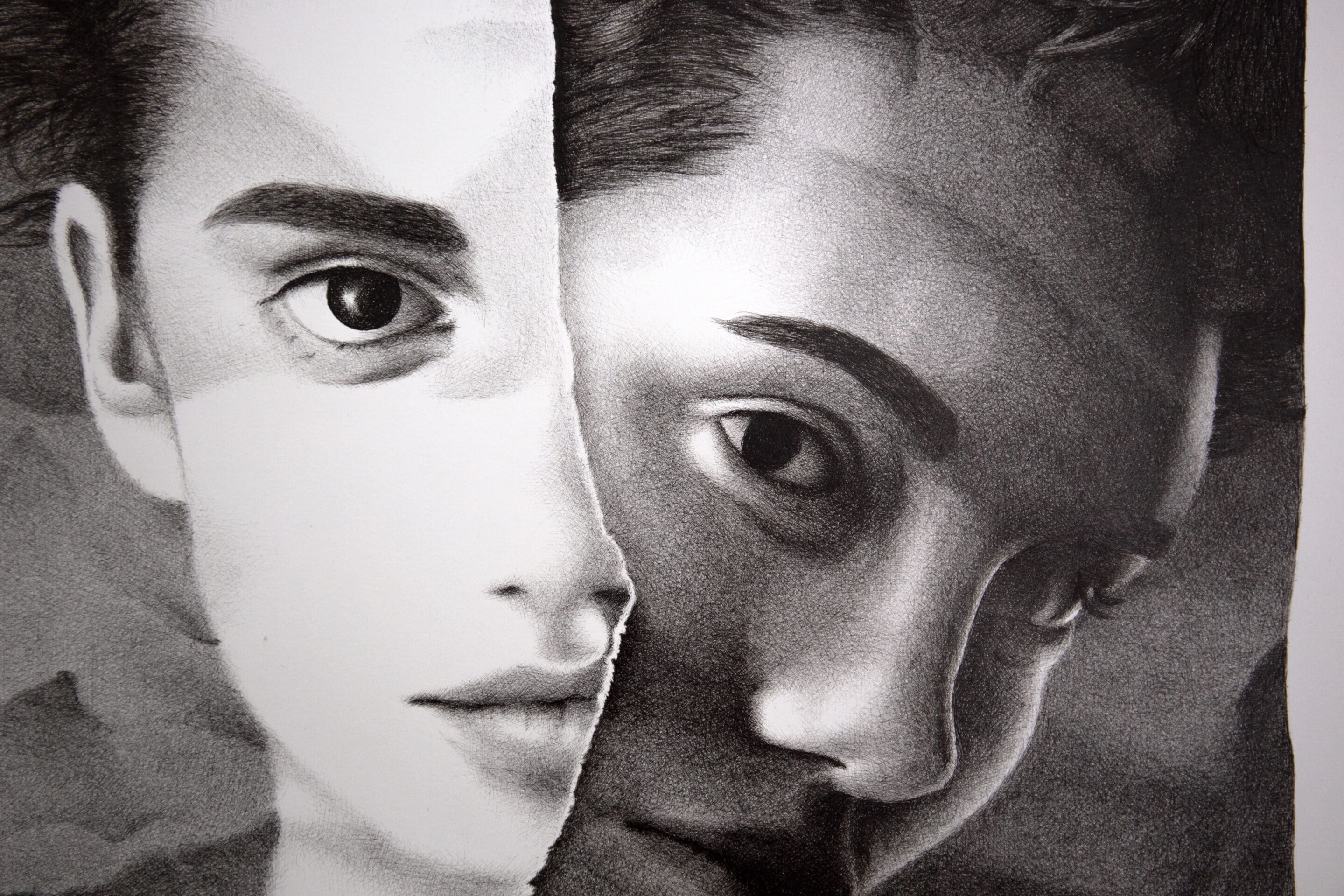 Macro shot showing intricate line work and paper texture in La Donna artwork