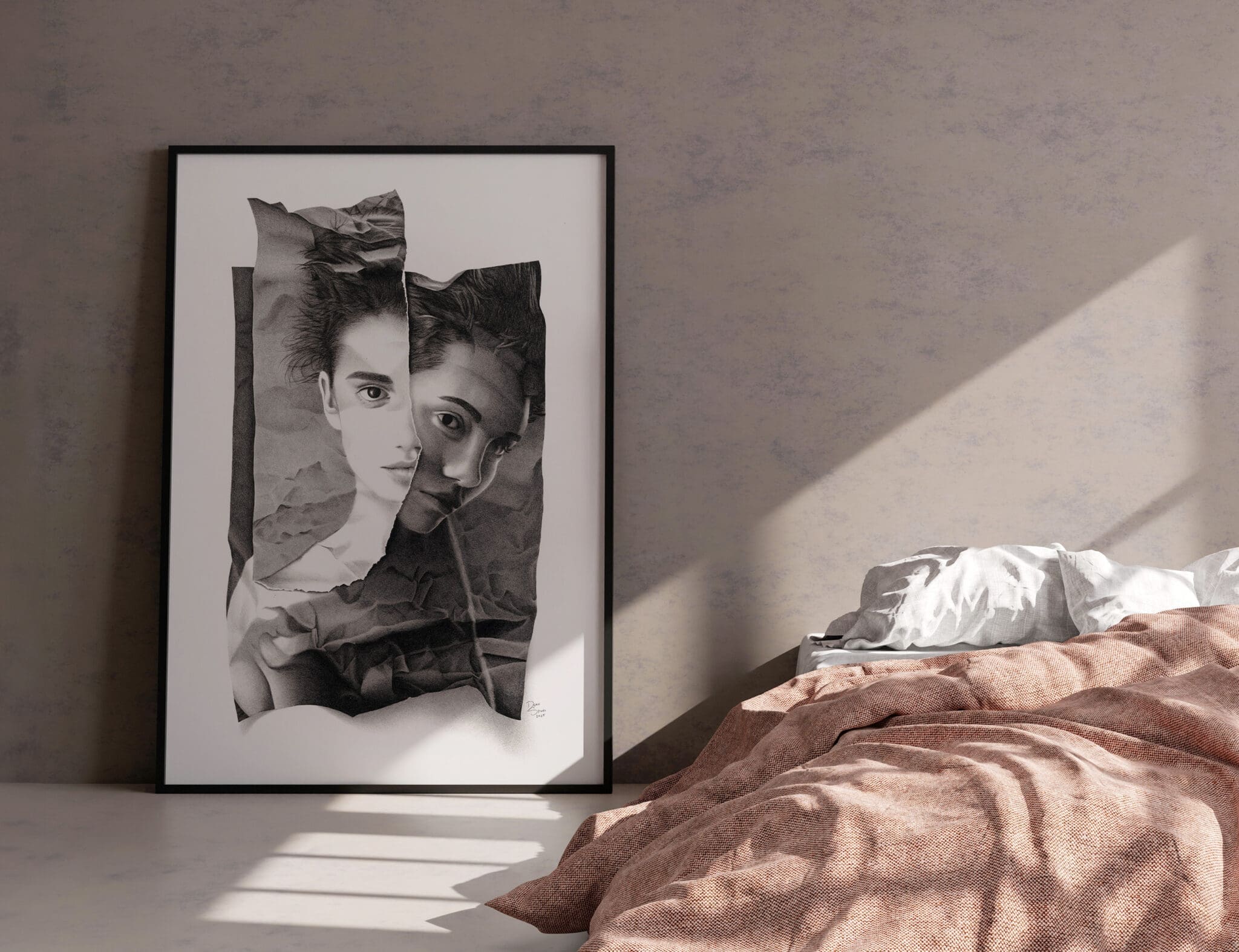 La Donna portrait framed and displayed in a modern bedroom