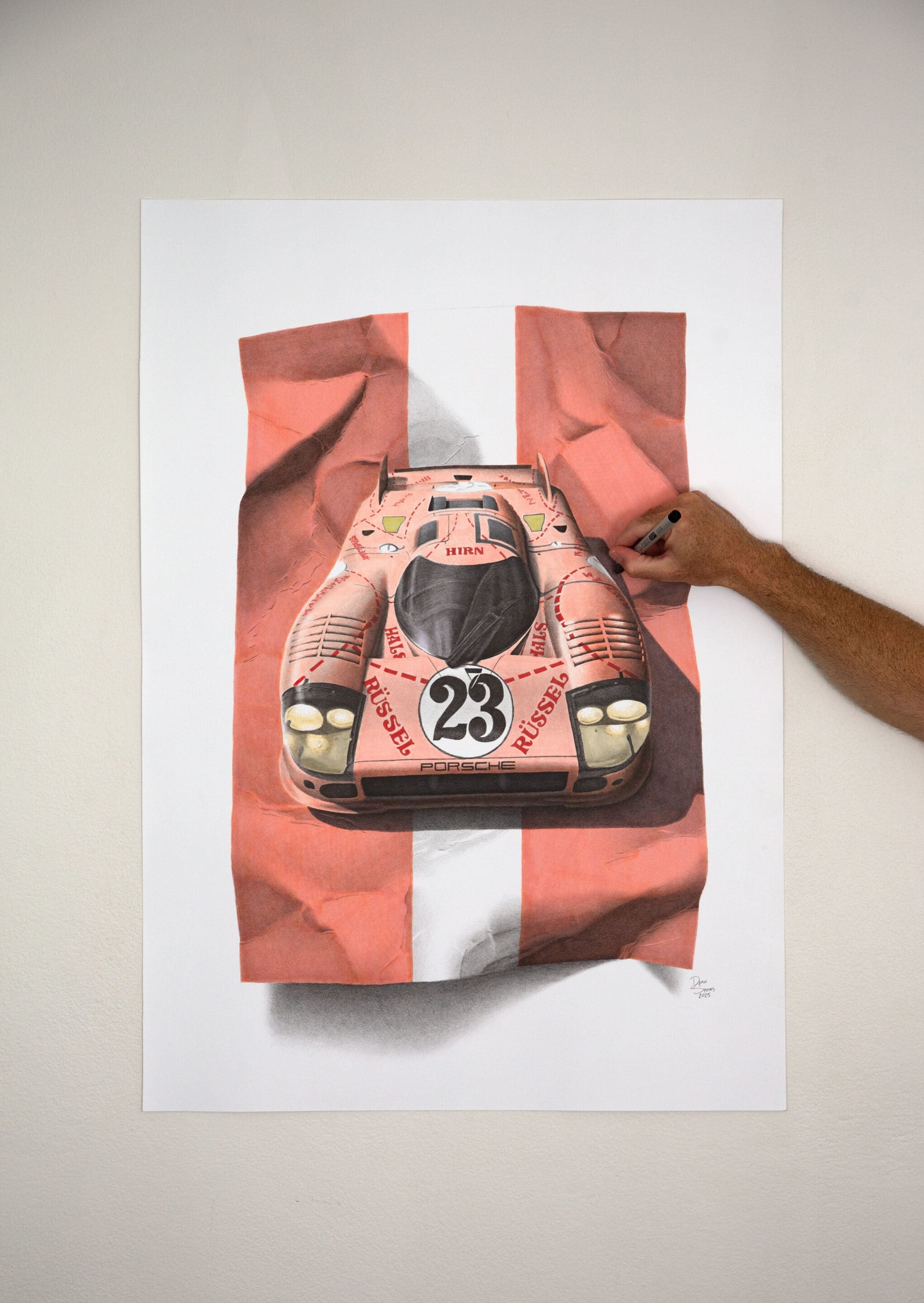 Photorealistic artwork of the Porsche Pink Pig race car drawn with Copic markers on Strathmore Bristol paper by artist Dean Spinks.