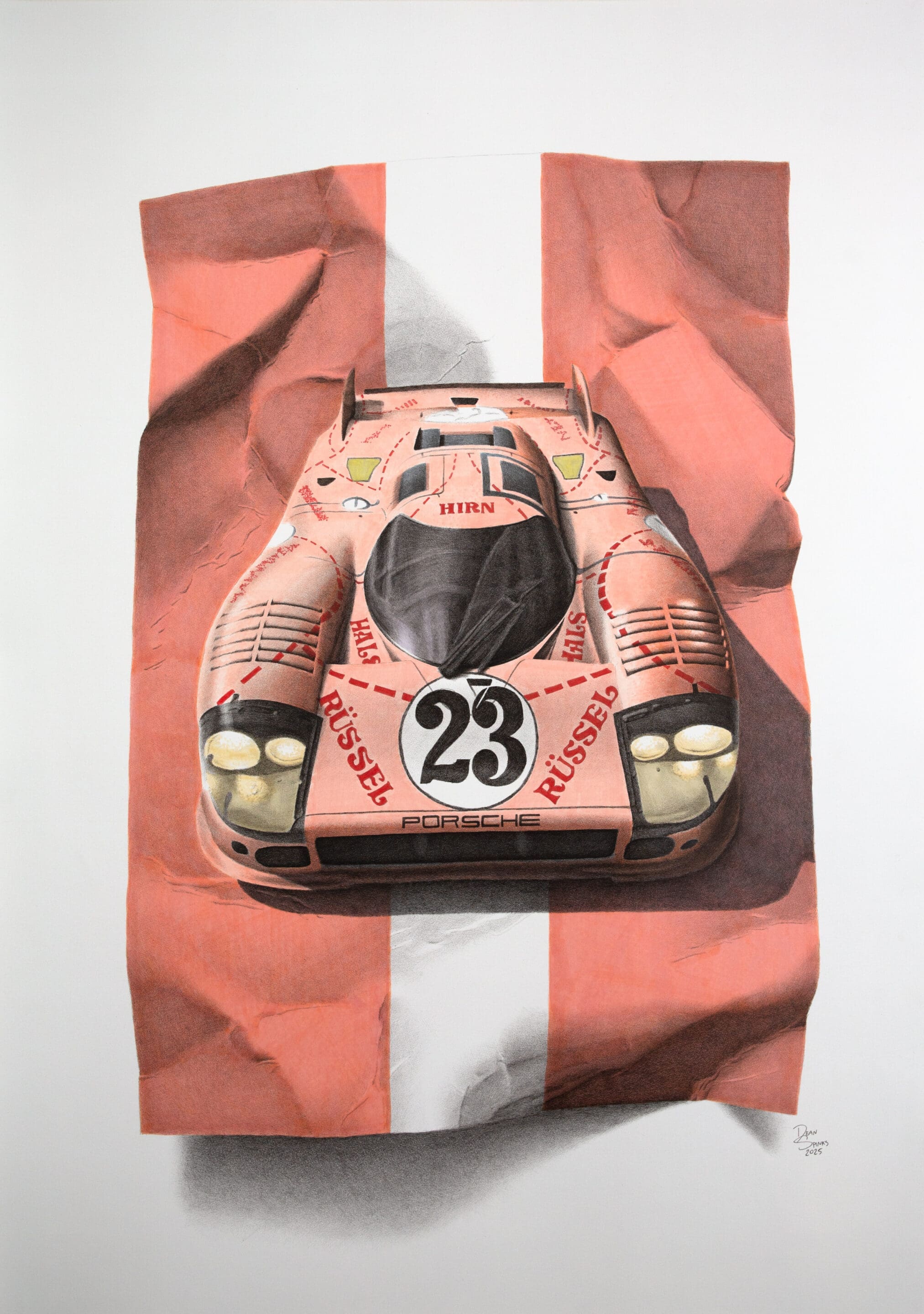 Dean Spinks' hyper-realistic drawing of the Porsche Pink Pig, created with Copic markers on smooth Strathmore Bristol board.