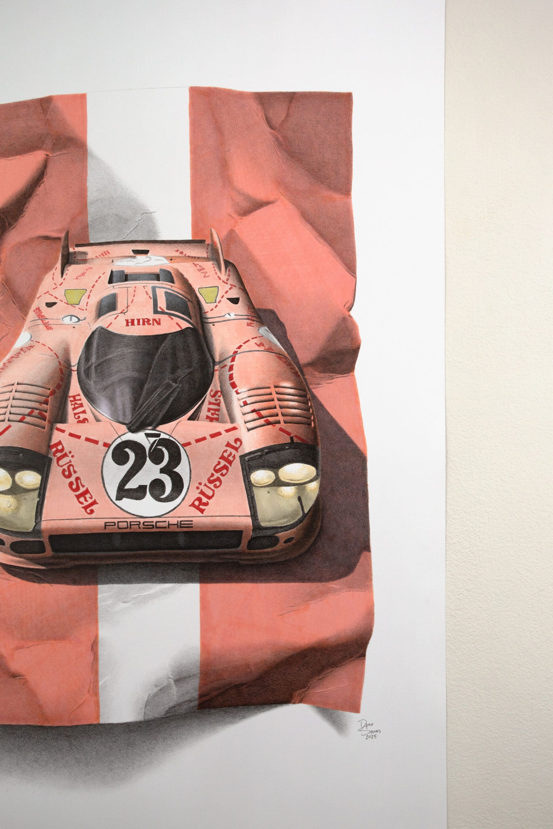 Illustration of the Porsche Pink Pig in vivid realism, hand-drawn by Dean Spinks with Copic markers on Strathmore Bristol paper.