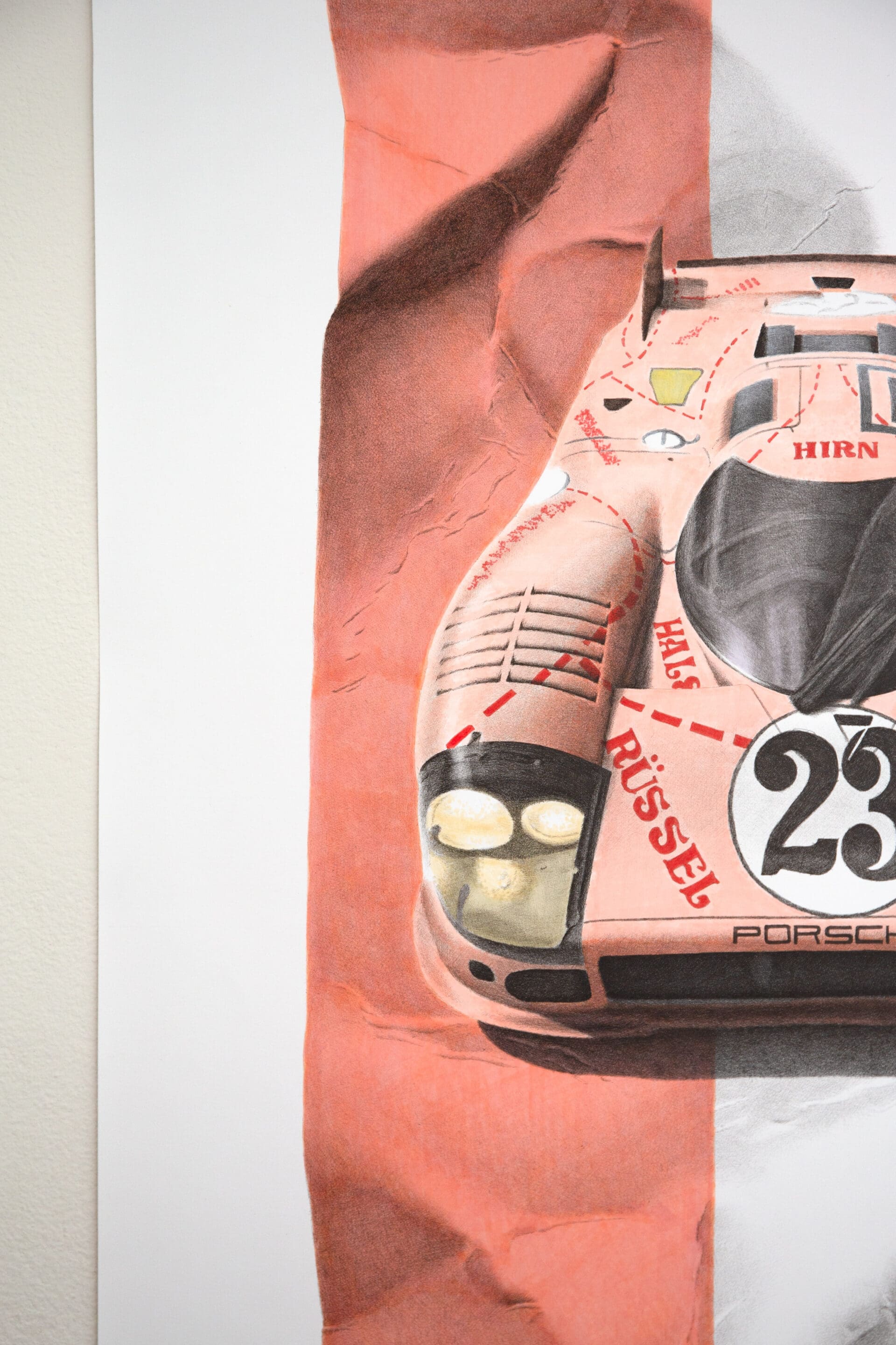 Close-up of a photorealistic Porsche Pink Pig artwork by Dean Spinks, showcasing fine marker detail on Bristol paper.