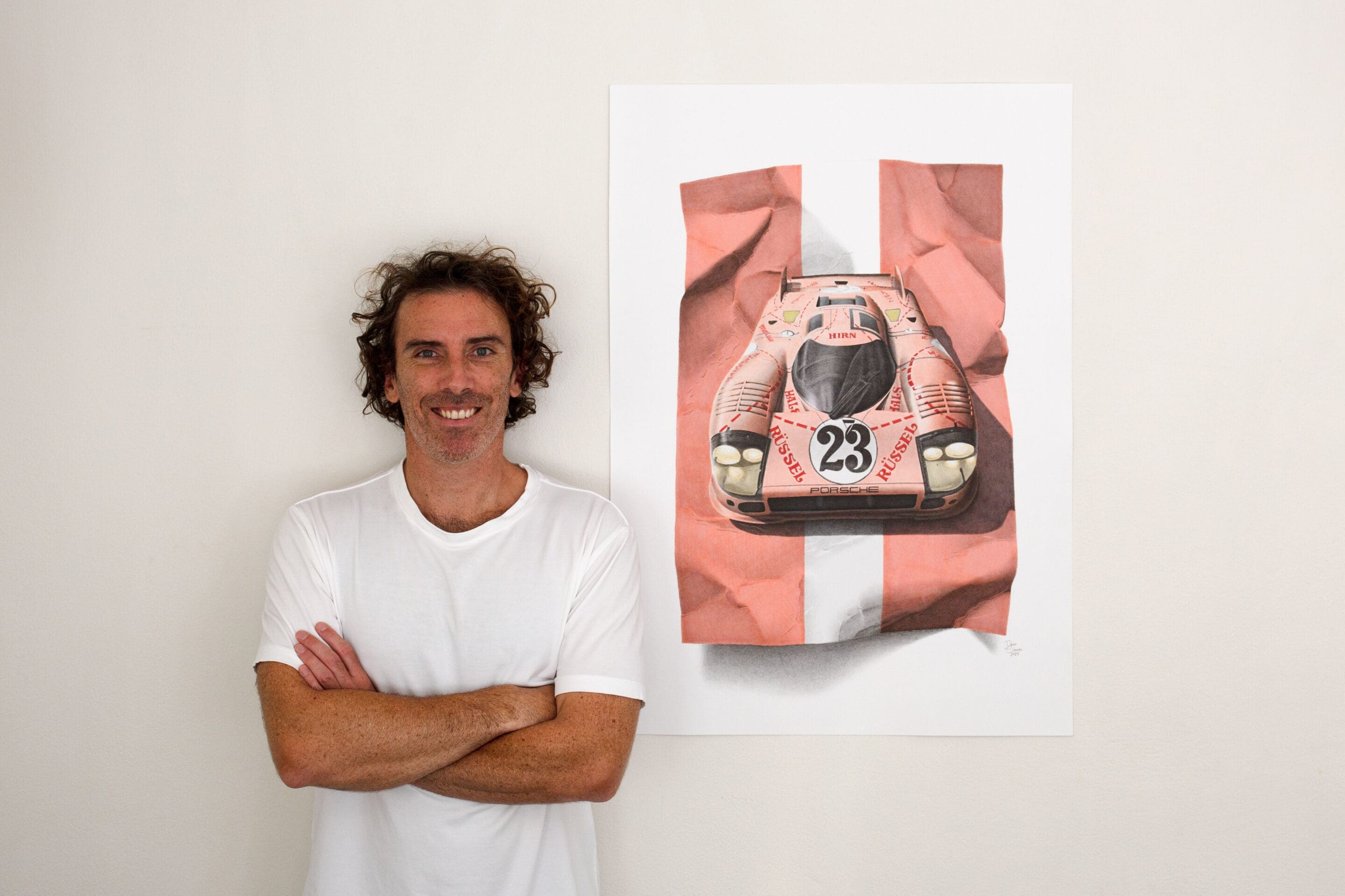 Detailed artwork of the iconic Porsche 917/20 Pink Pig, rendered in photorealistic style using Copic markers by Dean Spinks