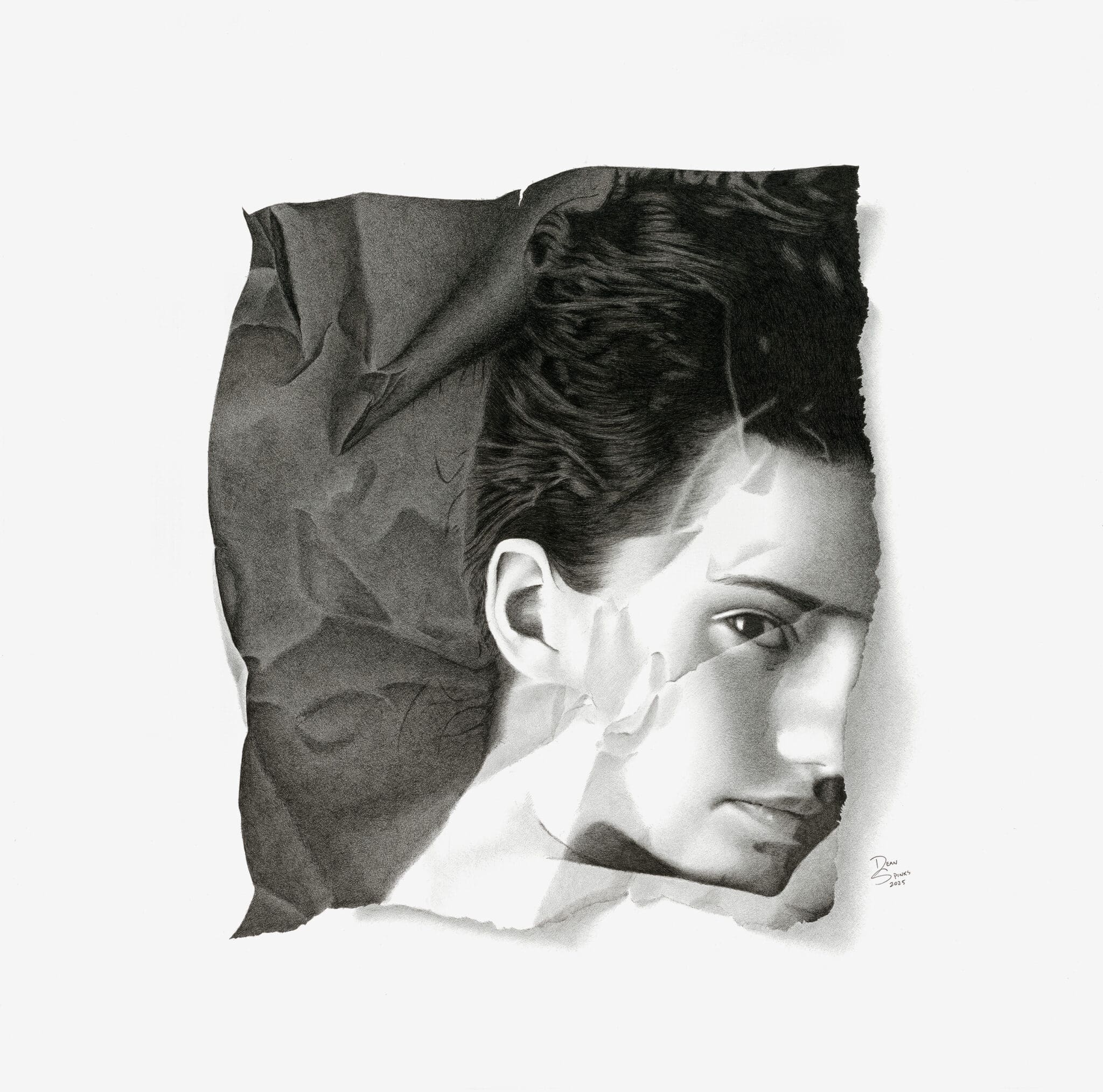 Square-format fine art print by Dean Spinks, photorealistic portrait drawn in Copic marker, part of the Shattered Vanity series.