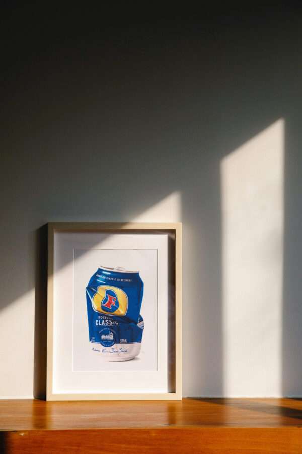 Fosters beer can artwork in frame