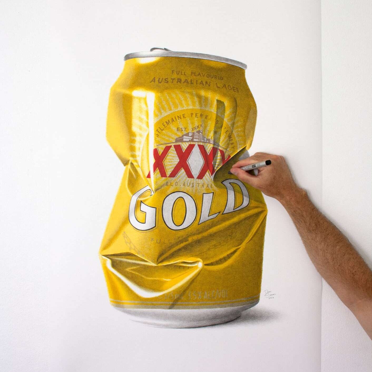 Photorealistic XXXX Gold crushed beer can artwork hand drawn by Dean Spinks