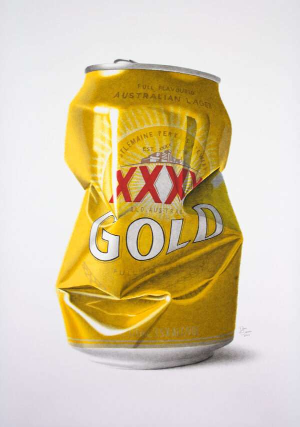 Photorealistic XXXX Gold crushed beer can artwork