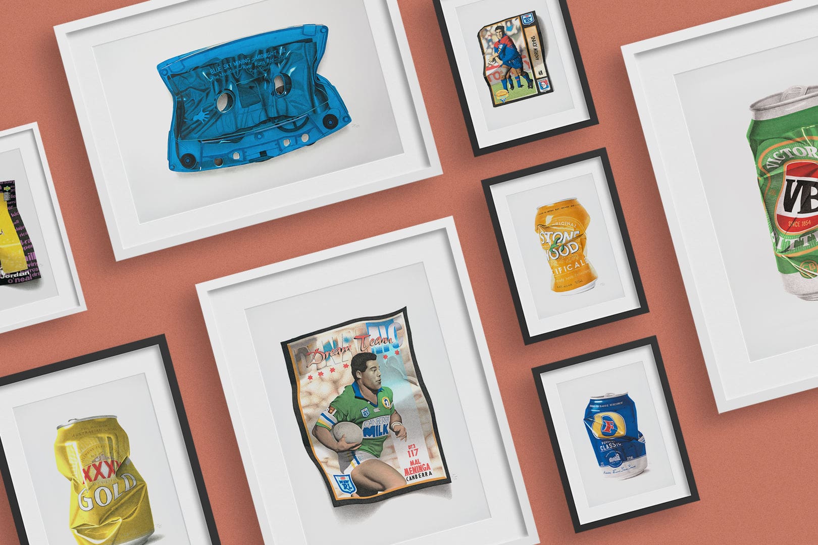 Father's Day Gift Guide - Artwork featuring Mal Meninga NRL card, VB can, XXXX can, Michael Jordan card, Midnight Oil artwork