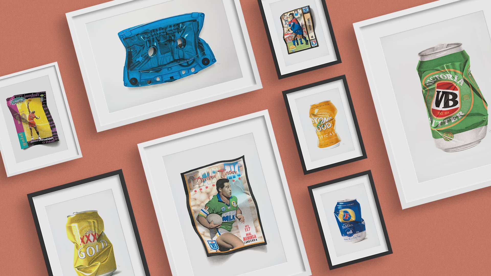 Father's Day Gift Guide - Artwork featuring Mal Meninga NRL card, VB can, XXXX can, Michael Jordan card, Midnight Oil artwork