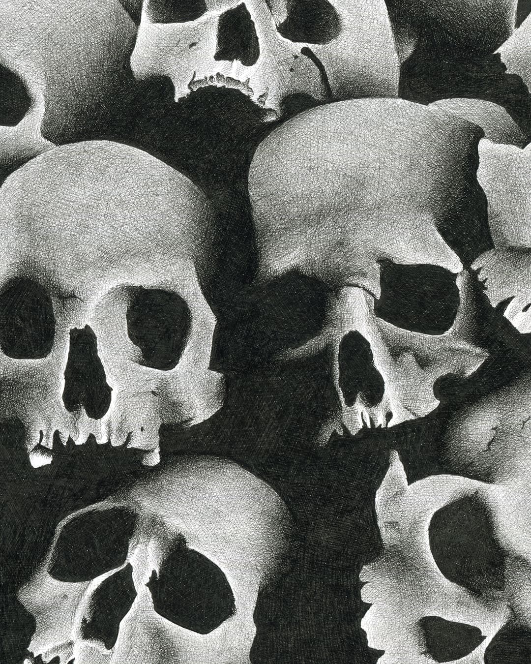 closeup of skulls drawn in crosshatching style with copic markers
