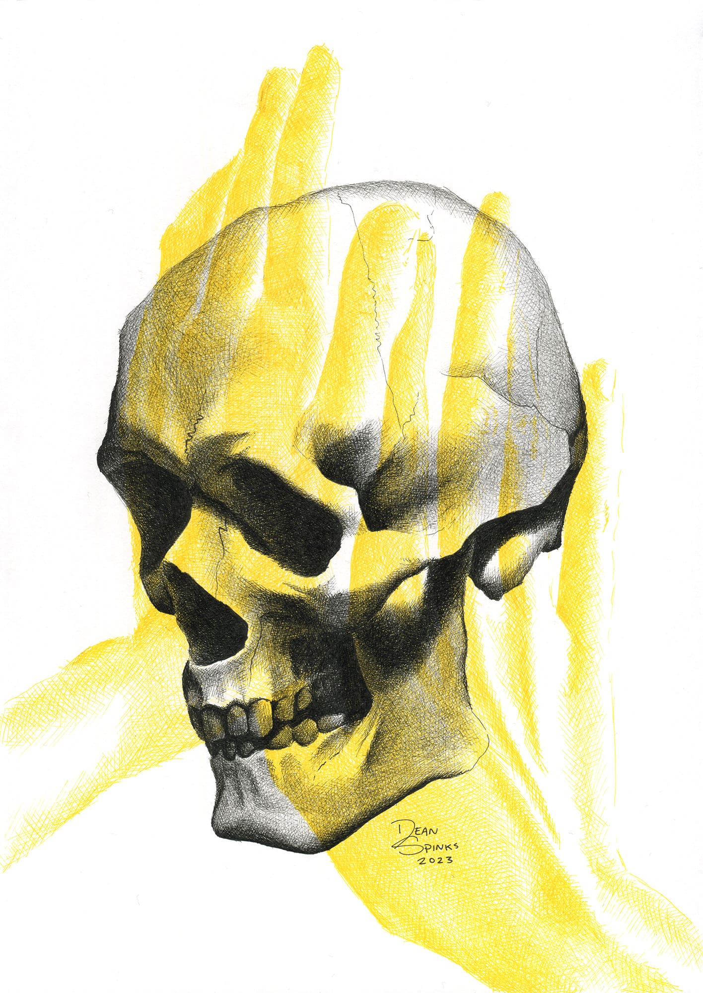 photorealistic skull and hands drawn with copic marker