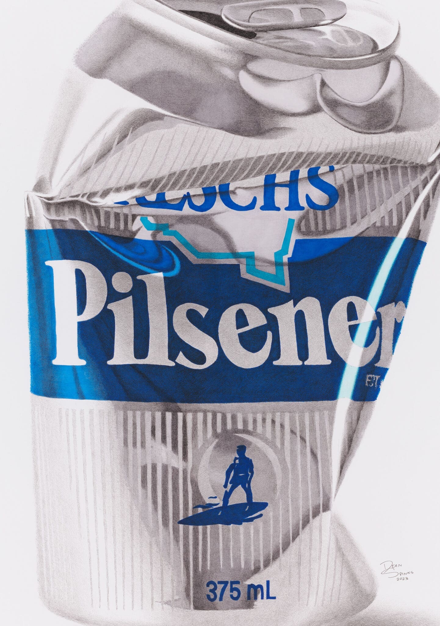 Crushed Reschs Pilsener beer can artwork by Dean Spinks