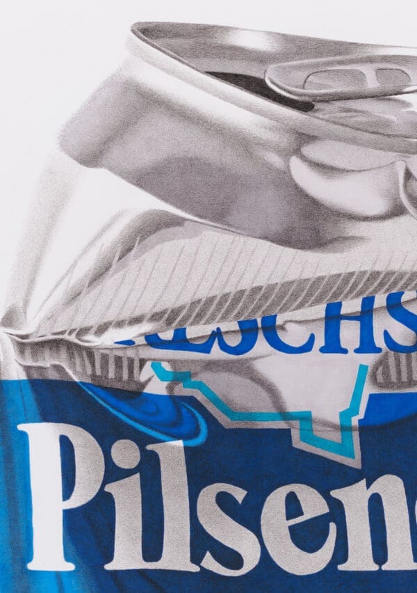 Closeup of crushed Reschs Pilsener beer can artwork