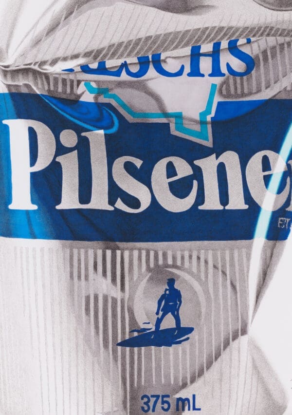 Detail shot of crushed Reschs Pilsener beer can artwork