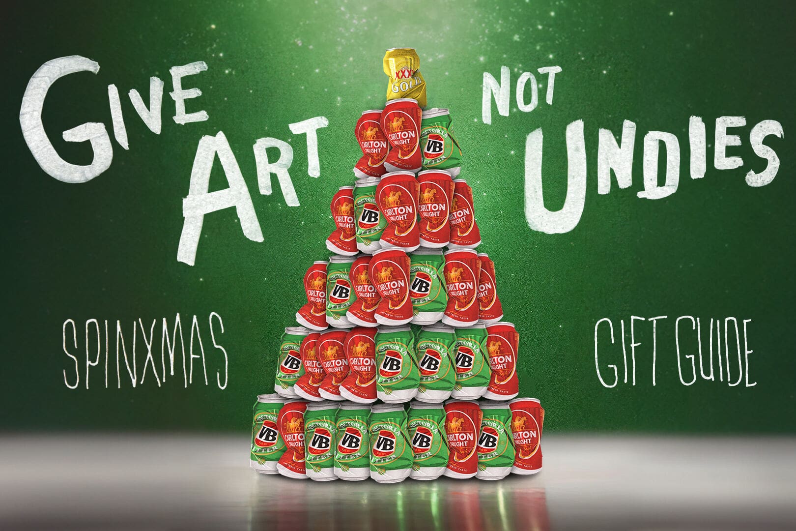 Give Art Not Undies - Spinxmas Christmas gift guide artwork with beer can Xmas tree