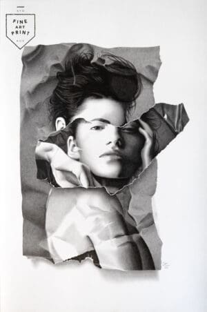 Fine art print of photorealistic artwork titled "The Forbidden Enigma" by Australian artist Dean Spinks, drawn using Copic Marker on paper.