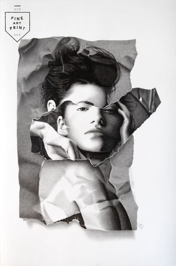 Fine art print of photorealistic artwork titled "The Forbidden Enigma" by Australian artist Dean Spinks, drawn using Copic Marker on paper.