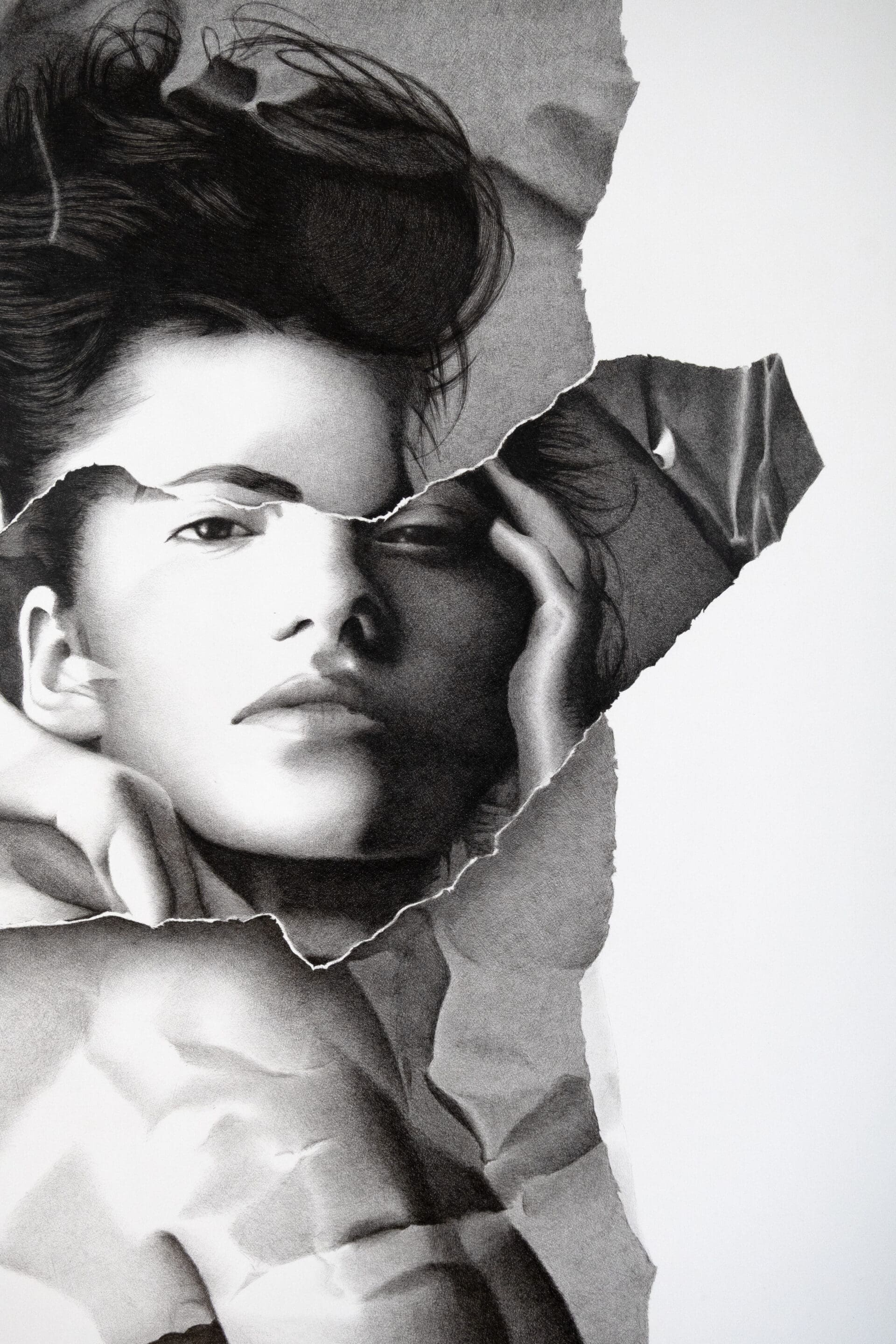 Detailed crosshatched portrait in black and white, from the Shattered Vanity series by Dean Spinks.