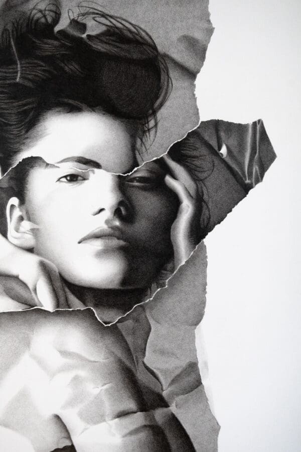 Detailed crosshatched portrait in black and white, from the Shattered Vanity series by Dean Spinks.