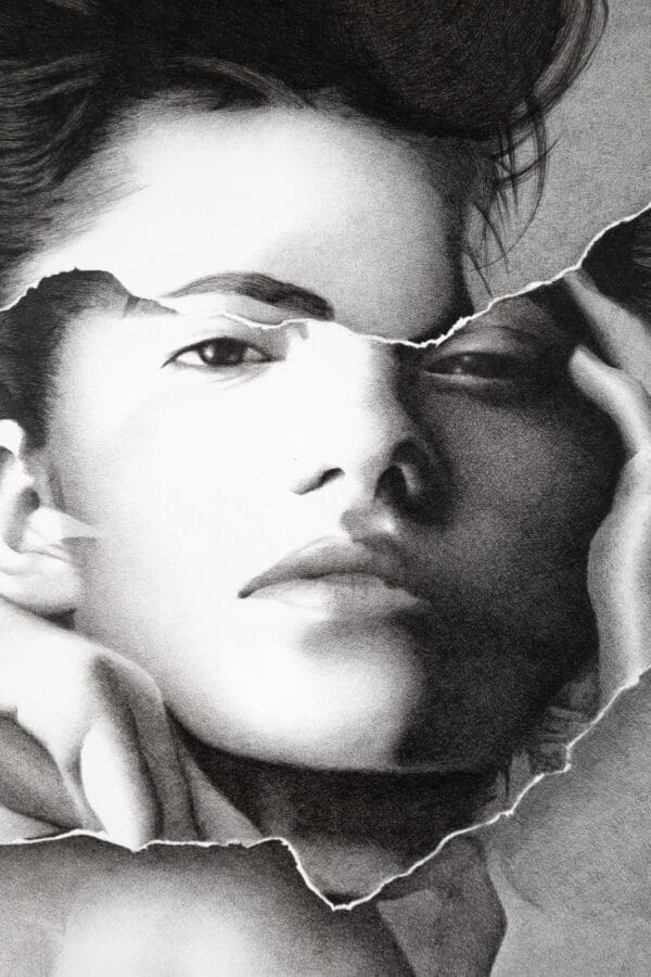 Close up detail shot of photorealistic artwork titled "The Forbidden Enigma" by Australian artist Dean Spinks, drawn using Copic Marker on paper.