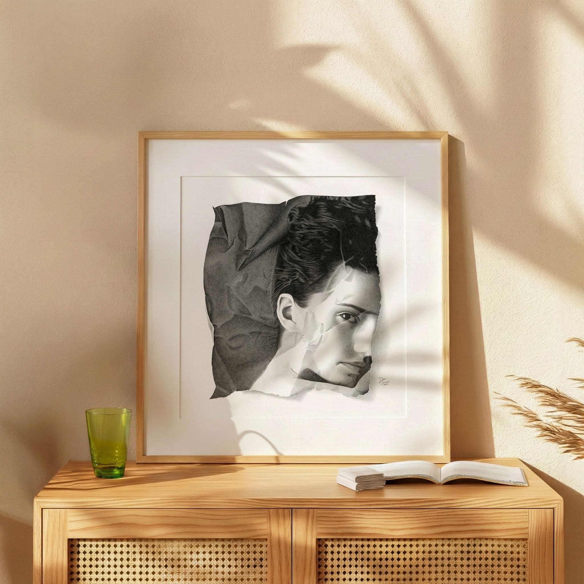 Framed original photorealism artwork A Fleeting Moment by Dean Spinks displayed on the wall of a modern contemporary apartment, Copic marker on paper.