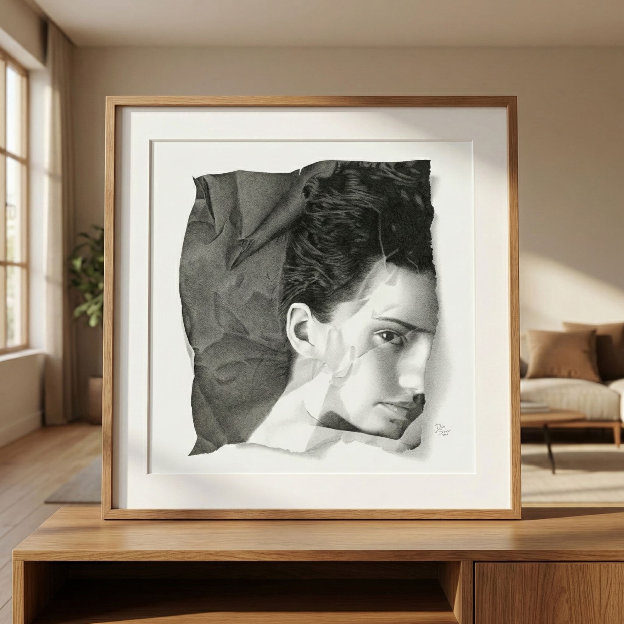 Dean Spinks original art in Copic marker, square photorealism portrait from the Shattered Vanity series, framed in a contemporary apartment interior.